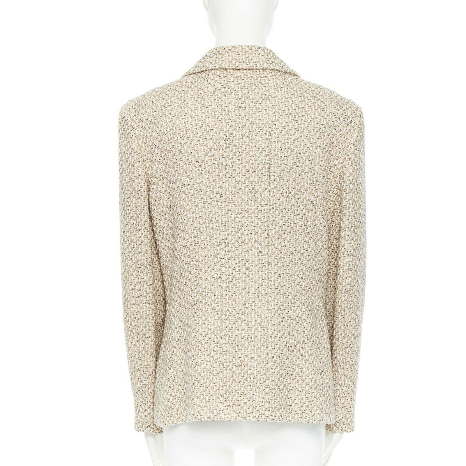 Women's CHANEL 01P beige knit tweed shoulder pad classic straight blazer jacket FR44