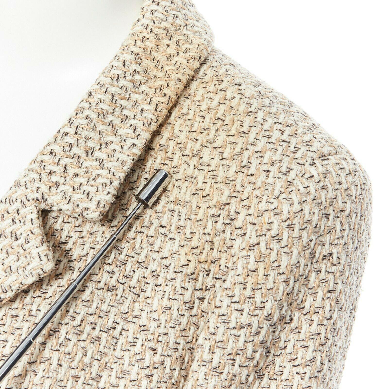 CHANEL 01P beige knit tweed shoulder pad classic straight blazer jacket FR44 3