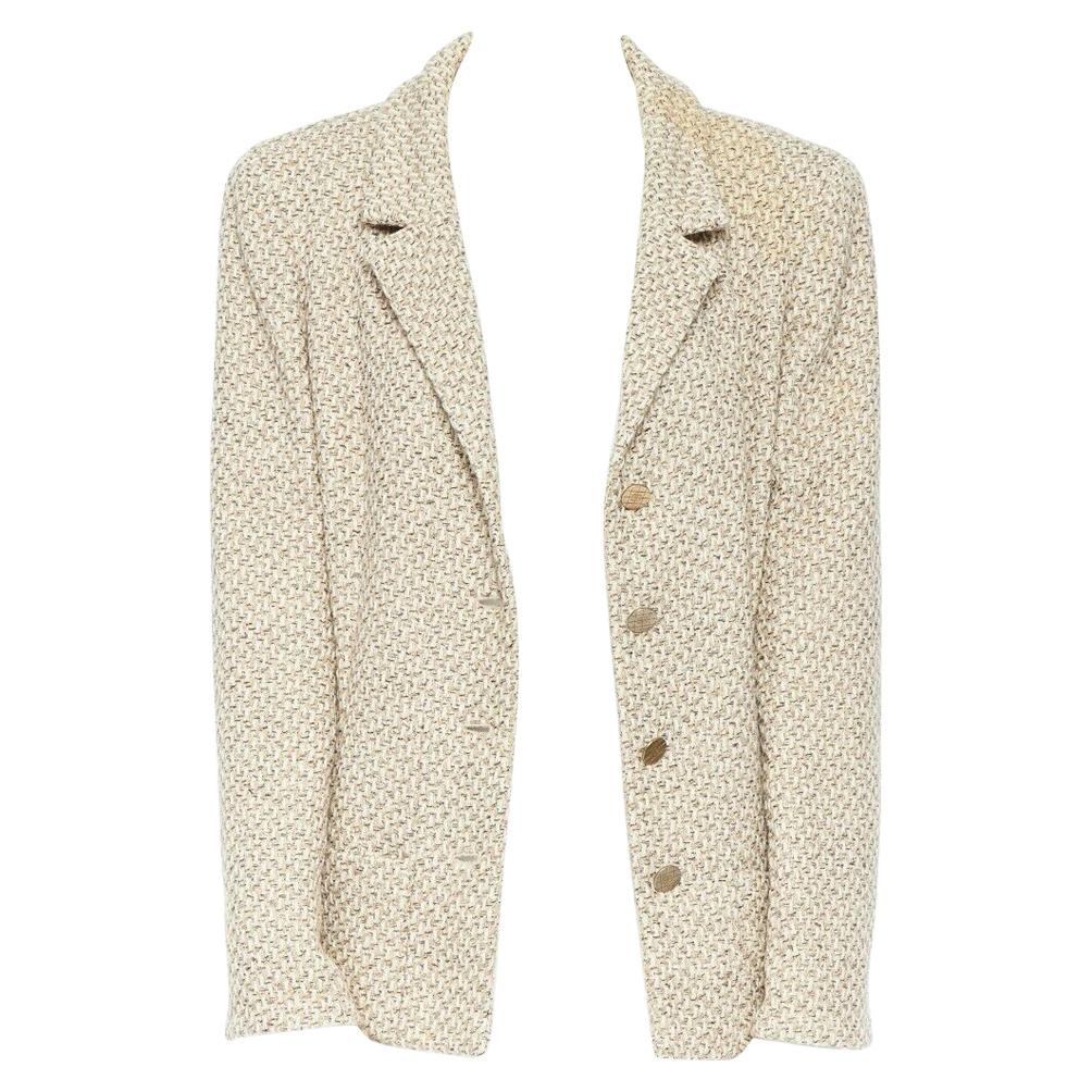 CHANEL 01P beige knit tweed shoulder pad classic straight blazer jacket FR44