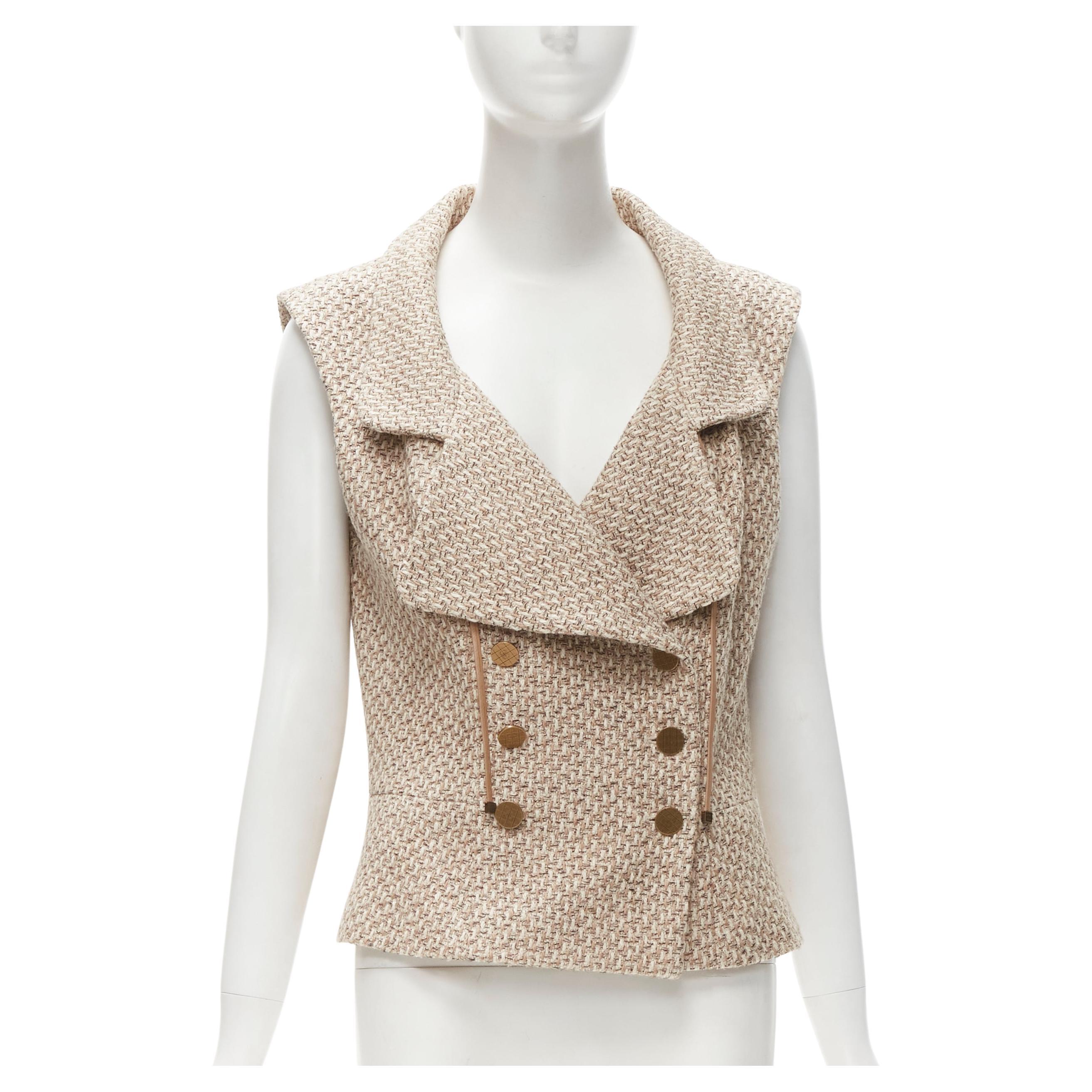 CHANEL 01P beige lattice tweed gold CC button double brested vest FR42 L