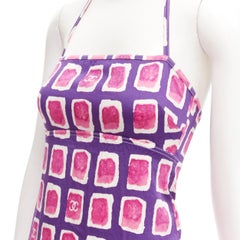 CHANEL 01P CC pink purple brush geometric print halter strap mini dress FR34 XS