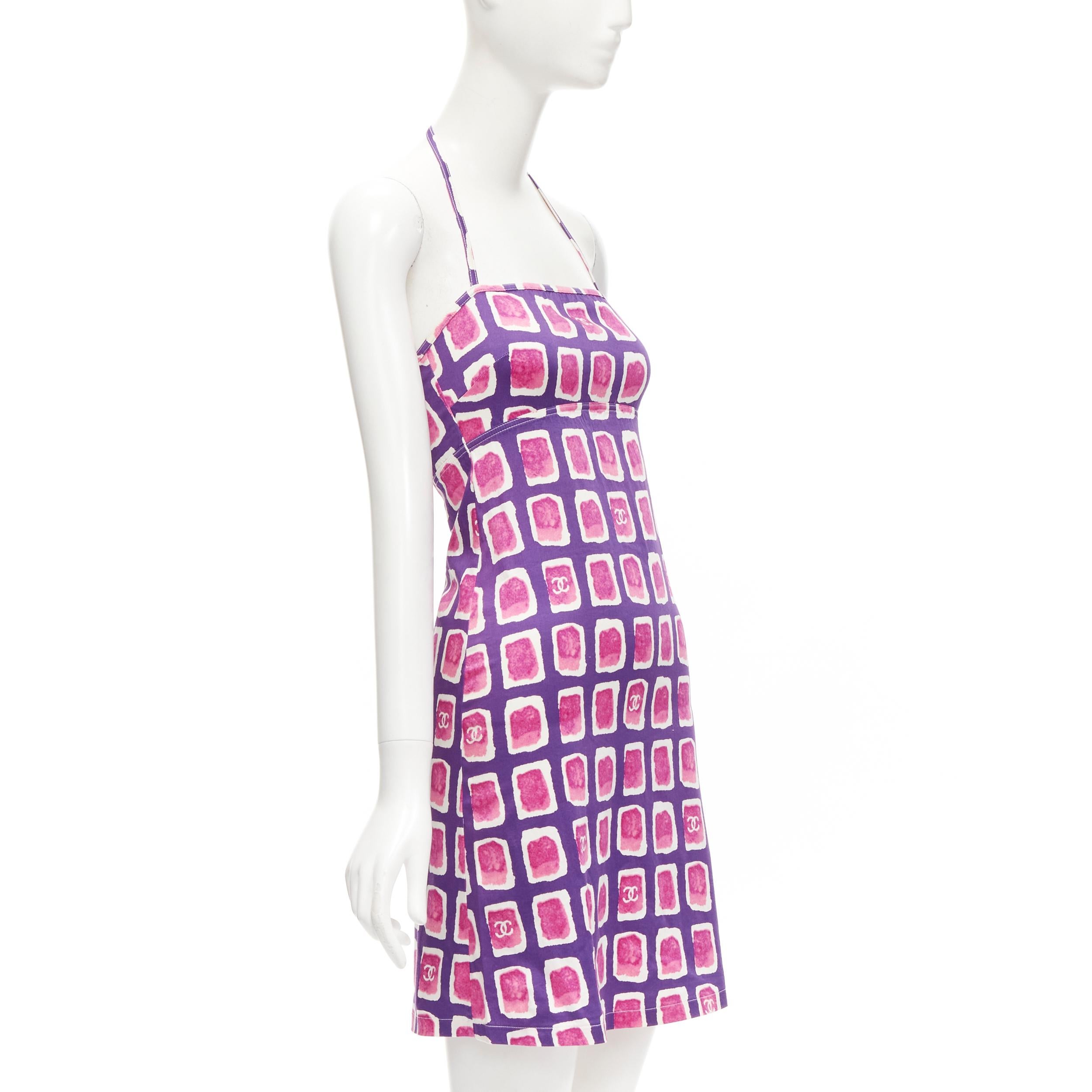 CHANEL 01P CC pink purple brush geometric print halter strap mini dress FR34 XS In Excellent Condition In Hong Kong, NT