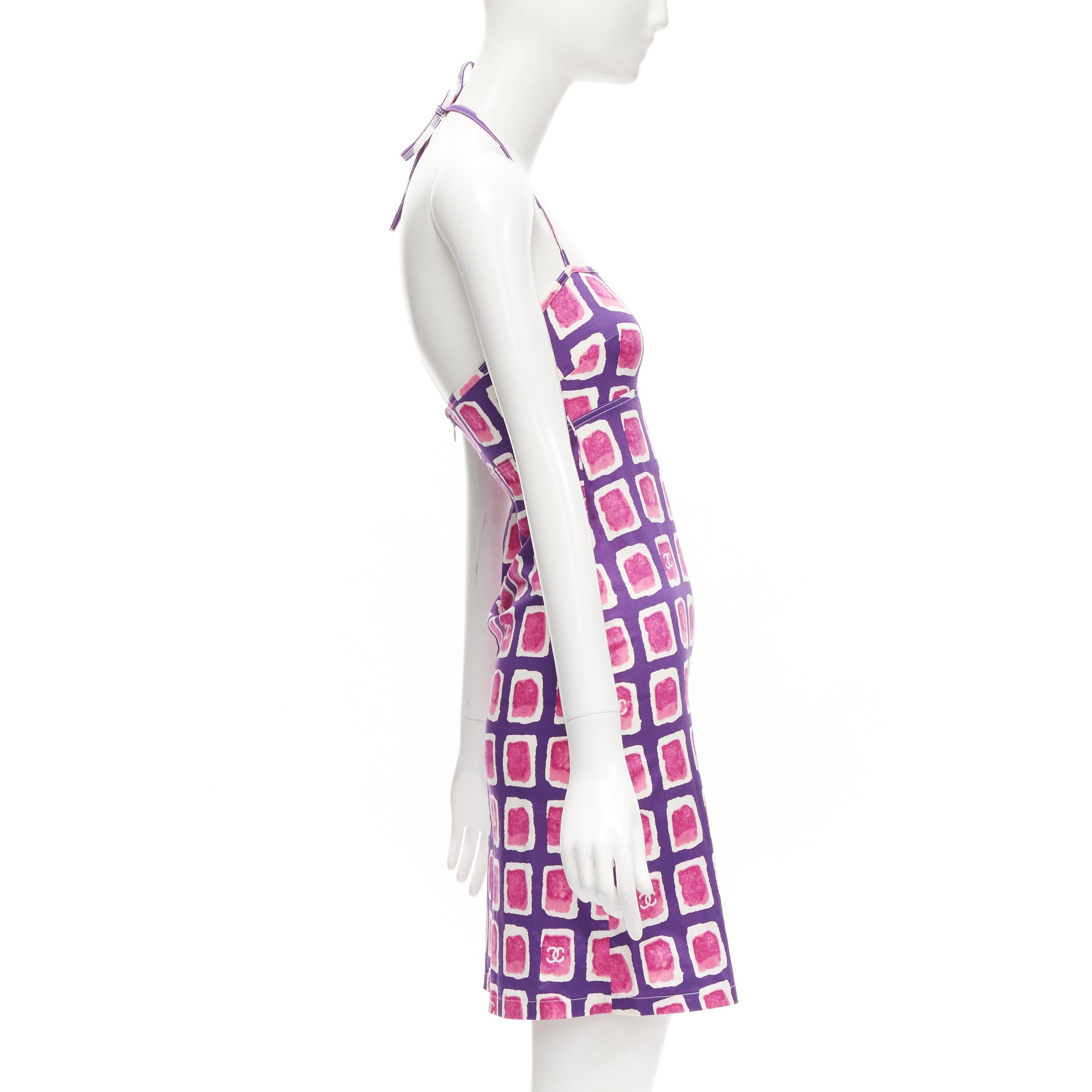 Women's CHANEL 01P CC pink purple brush geometric print halter strap mini dress FR34 XS