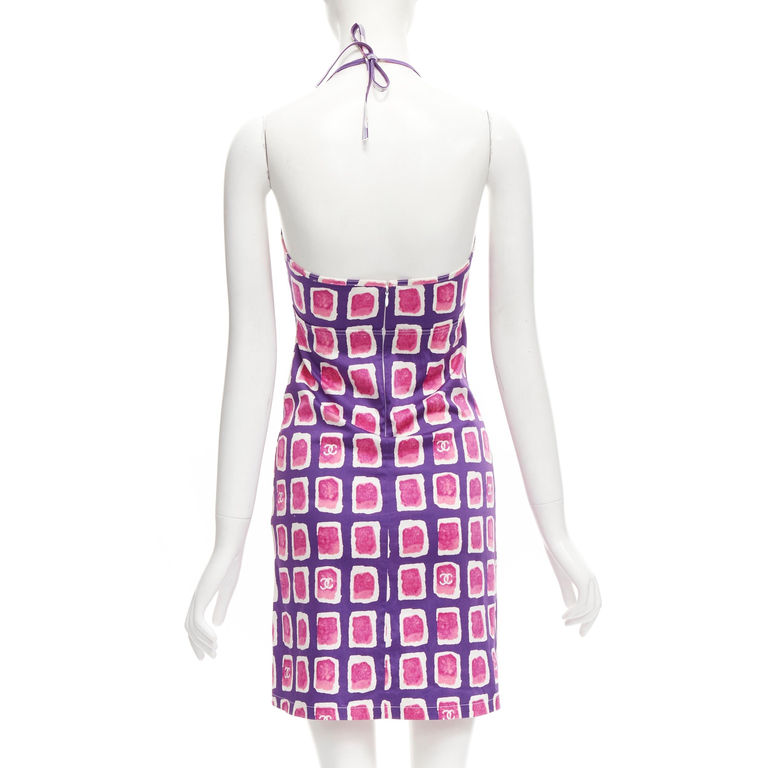 CHANEL 01P CC pink purple brush geometric print halter strap mini dress FR34 XS 1