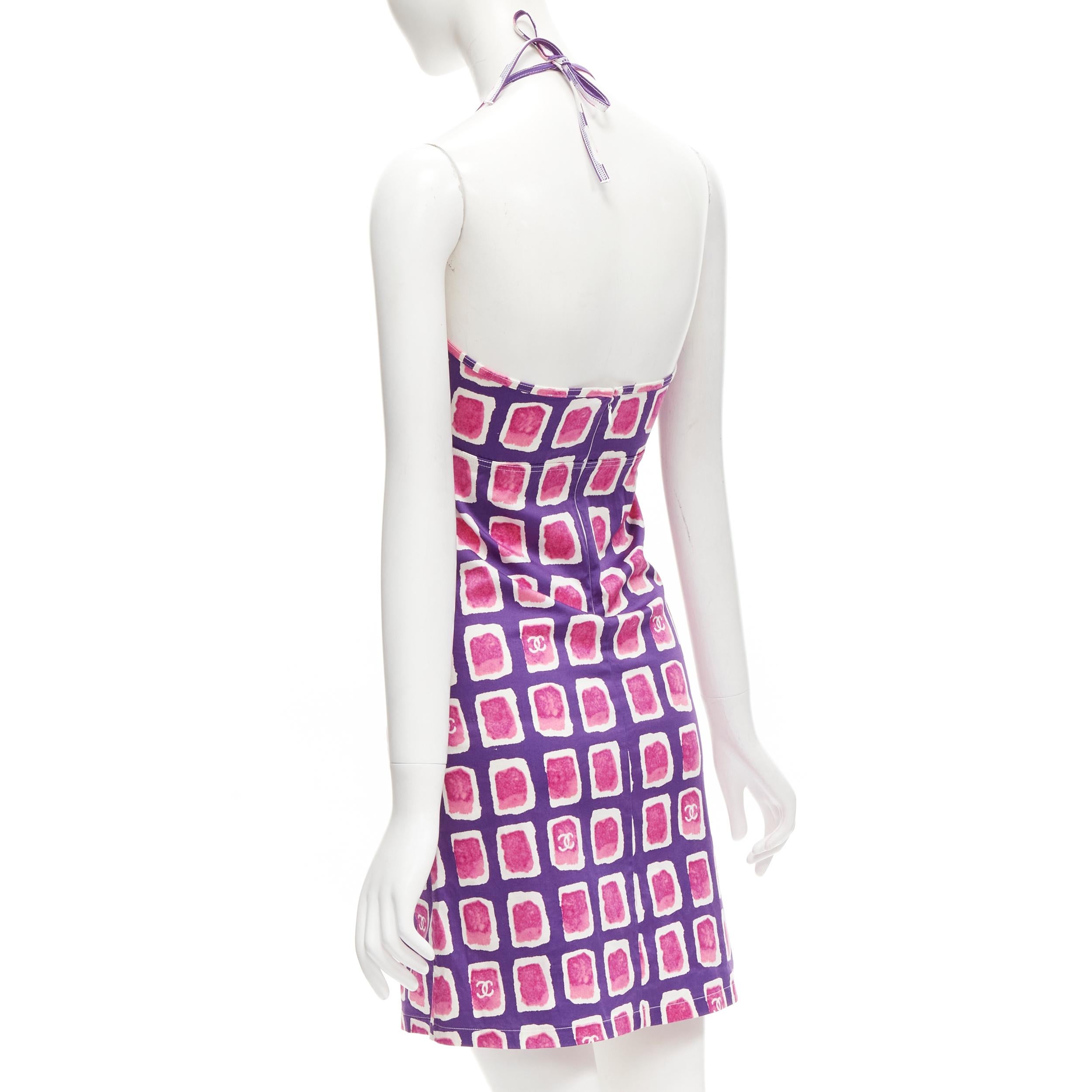 CHANEL 01P CC pink purple brush geometric print halter strap mini dress FR34 XS 2