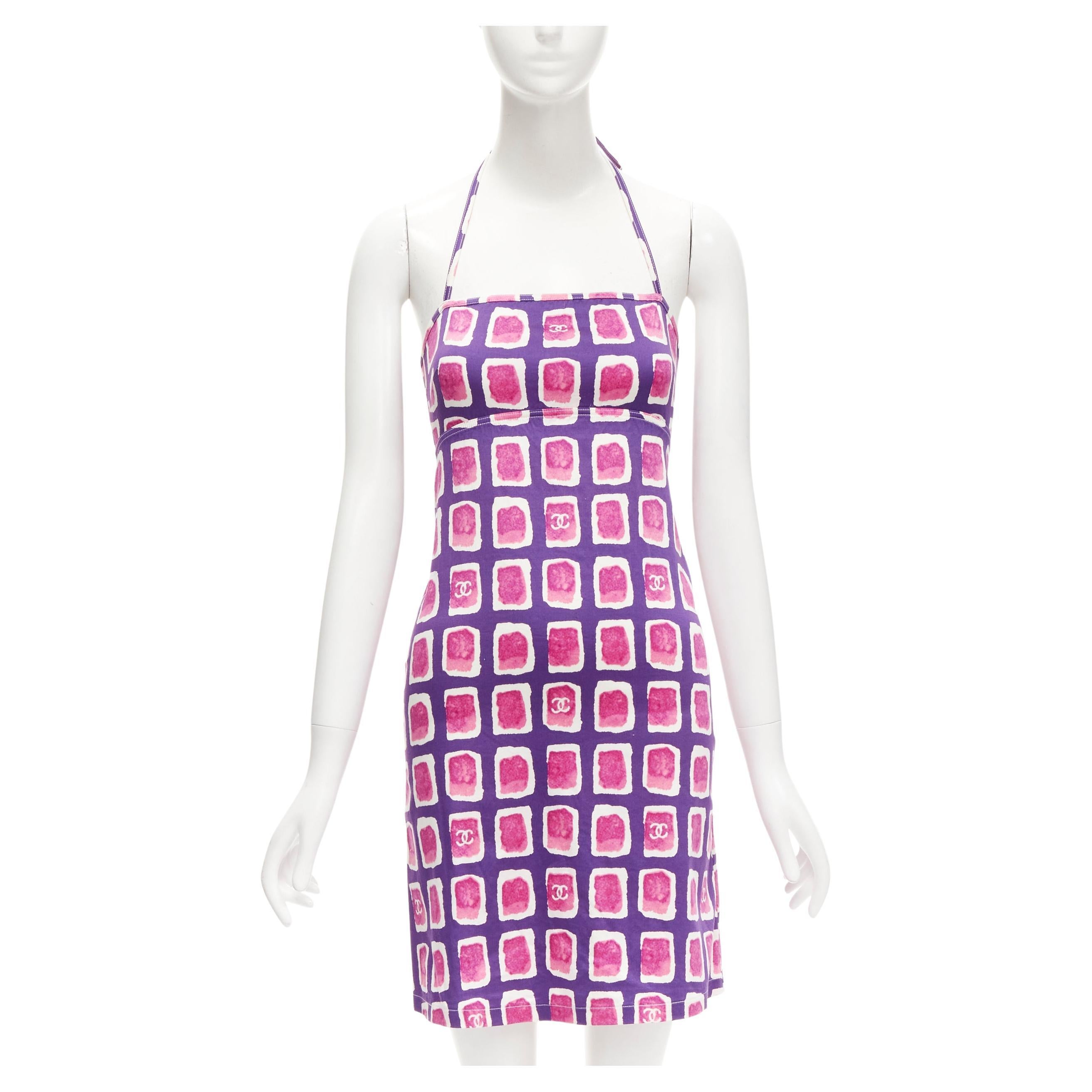 CHANEL 01P CC pink purple brush geometric print halter strap mini dress FR34 XS