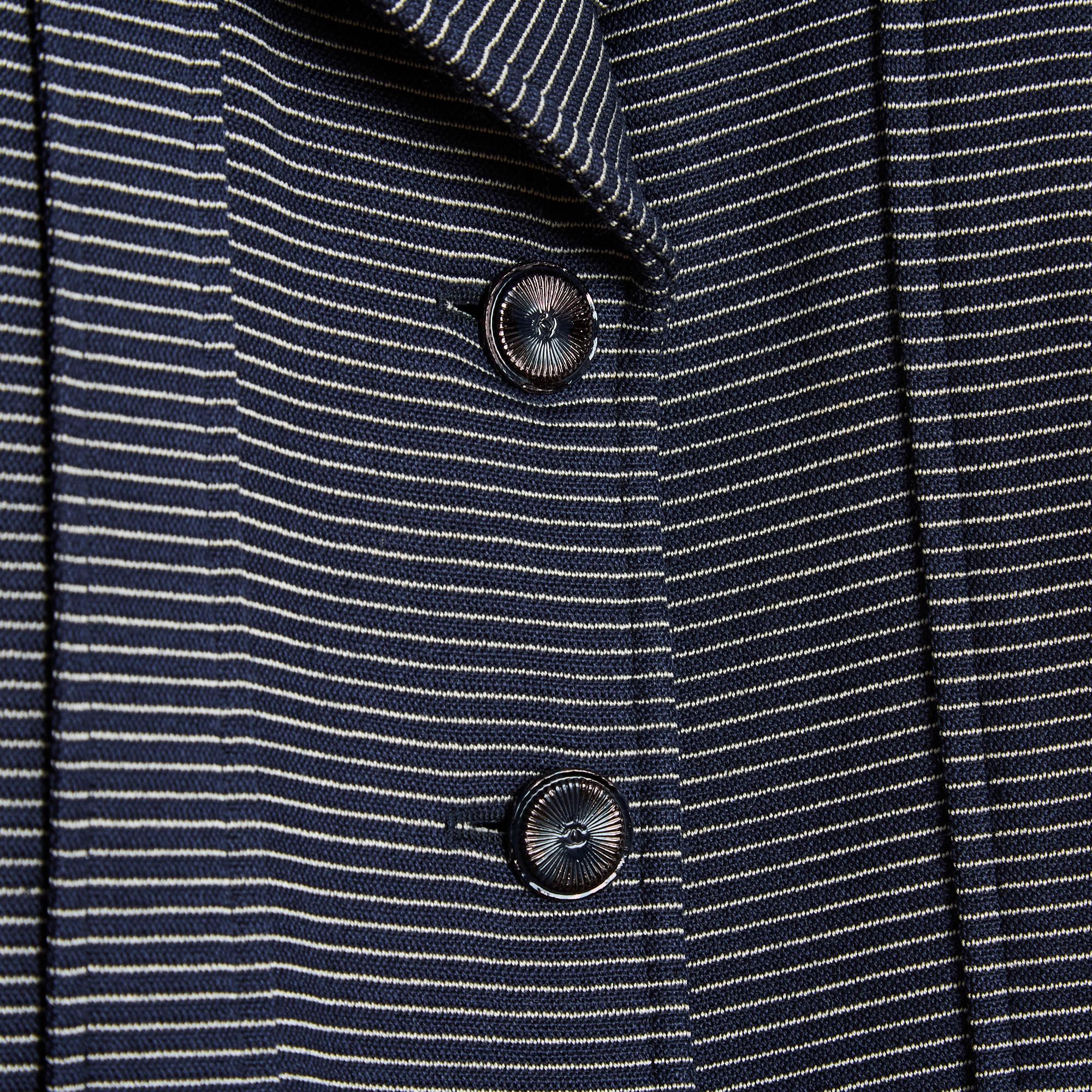 Black Chanel 01P Veste FR42 Pinstripe Navy Belt Jacket US12