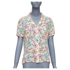 CHANEL 01P Vintage 100% silk cream colorful CC floral print hawaiian shirt