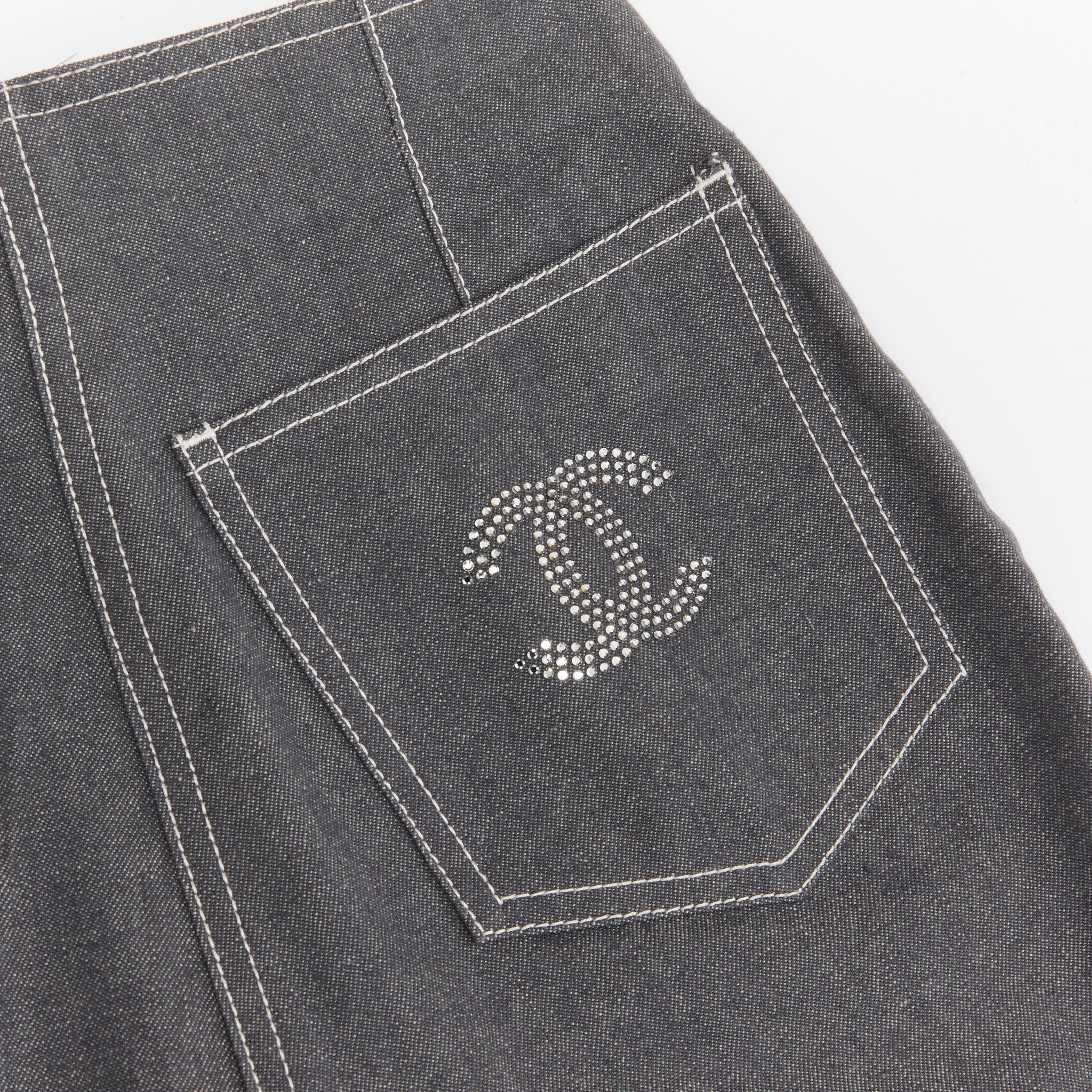 Gray CHANEL 01P Vintage Runway CC rhinestone logo topstitch flared cargo pants FR36 S For Sale
