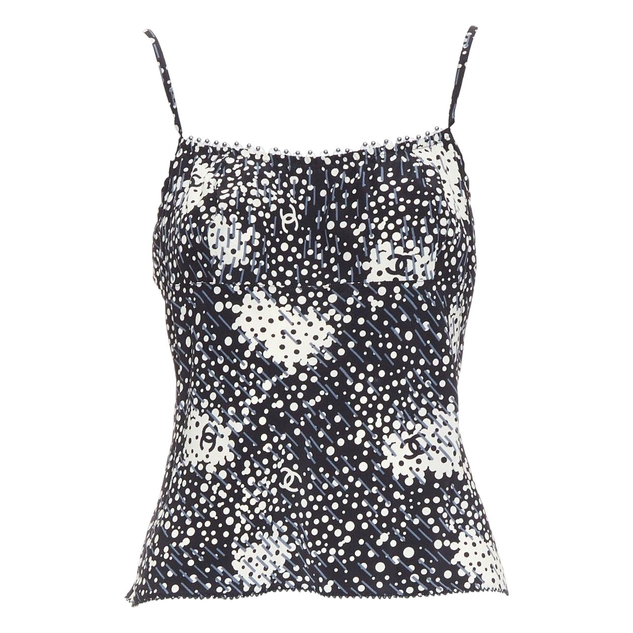 CHANEL 02A 100% silk CC logo polka dot pearl trim camisole FR40 S