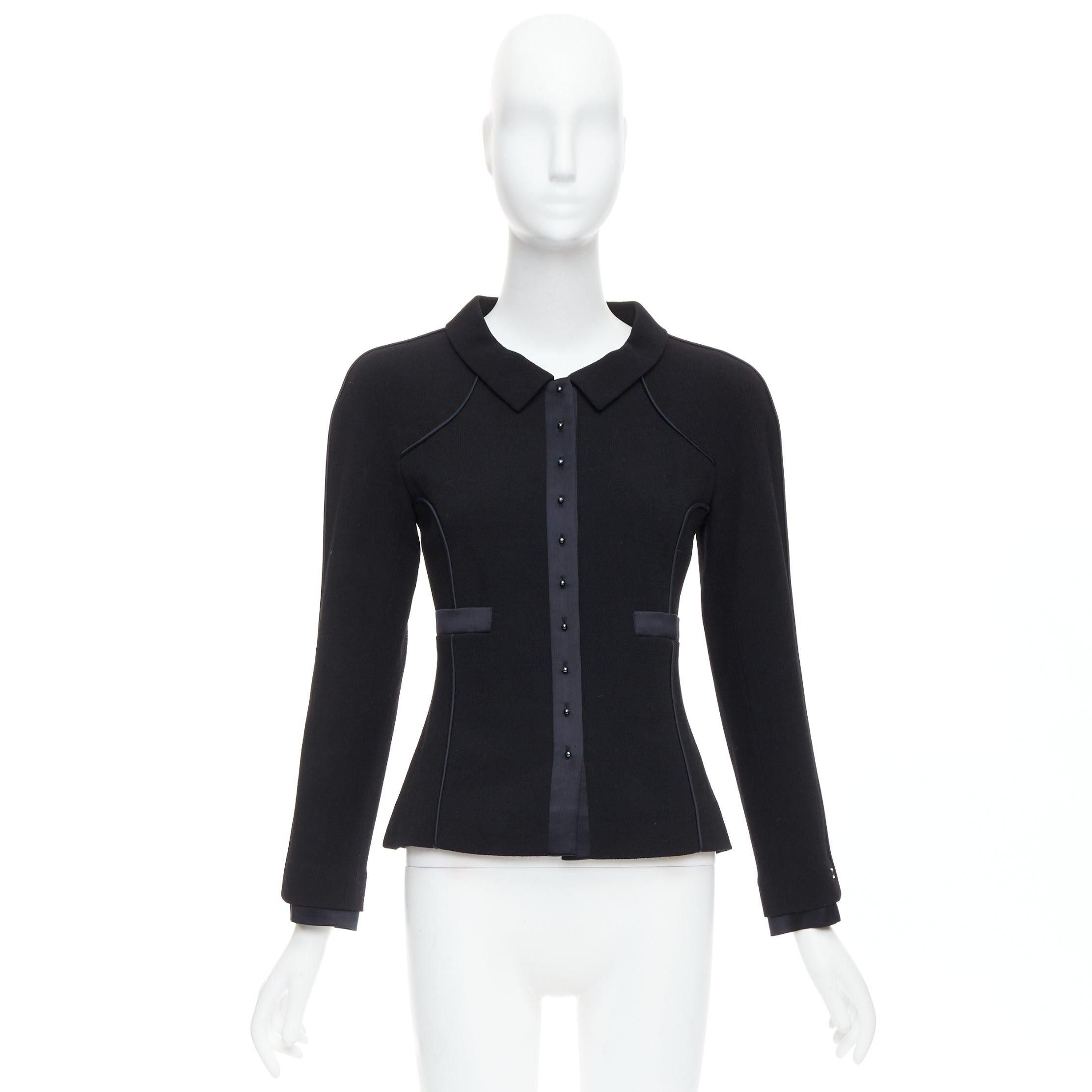 CHANEL 02A 100% wool black satin trim pearl stud buttons jacket FR36 S 5