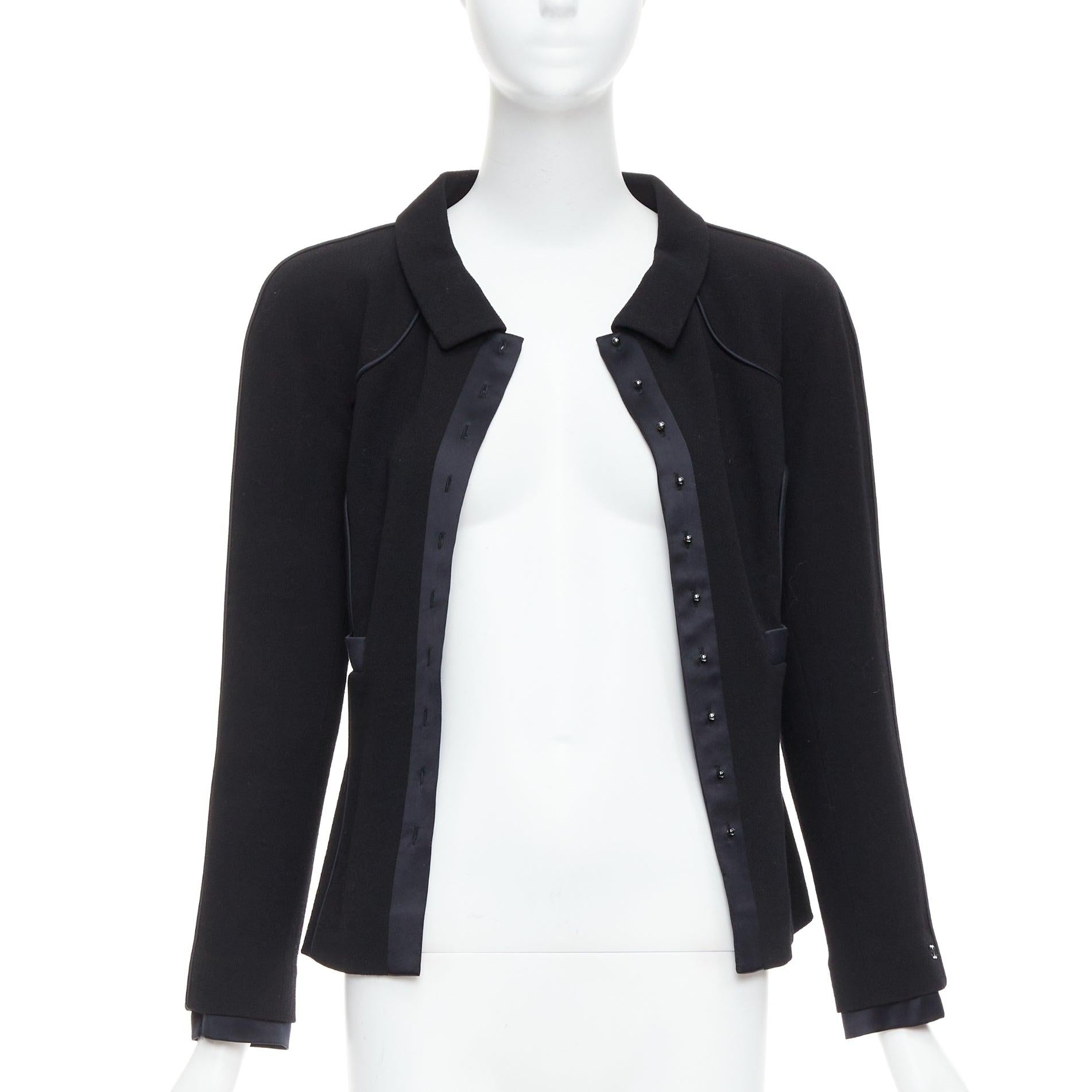 Black CHANEL 02A 100% wool black satin trim pearl stud buttons jacket FR36 S