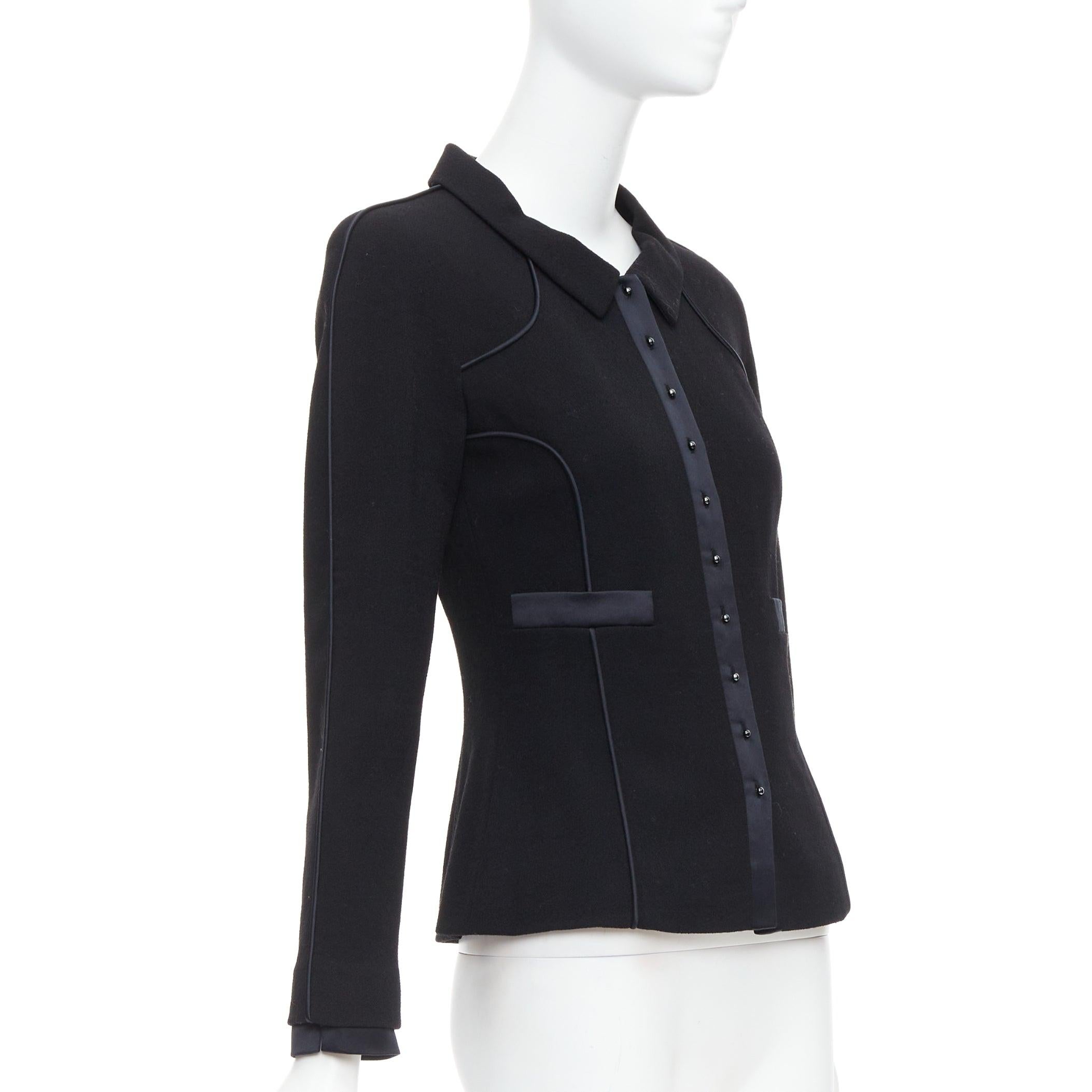 CHANEL 02A 100% wool black satin trim pearl stud buttons jacket FR36 S In Good Condition In Hong Kong, NT