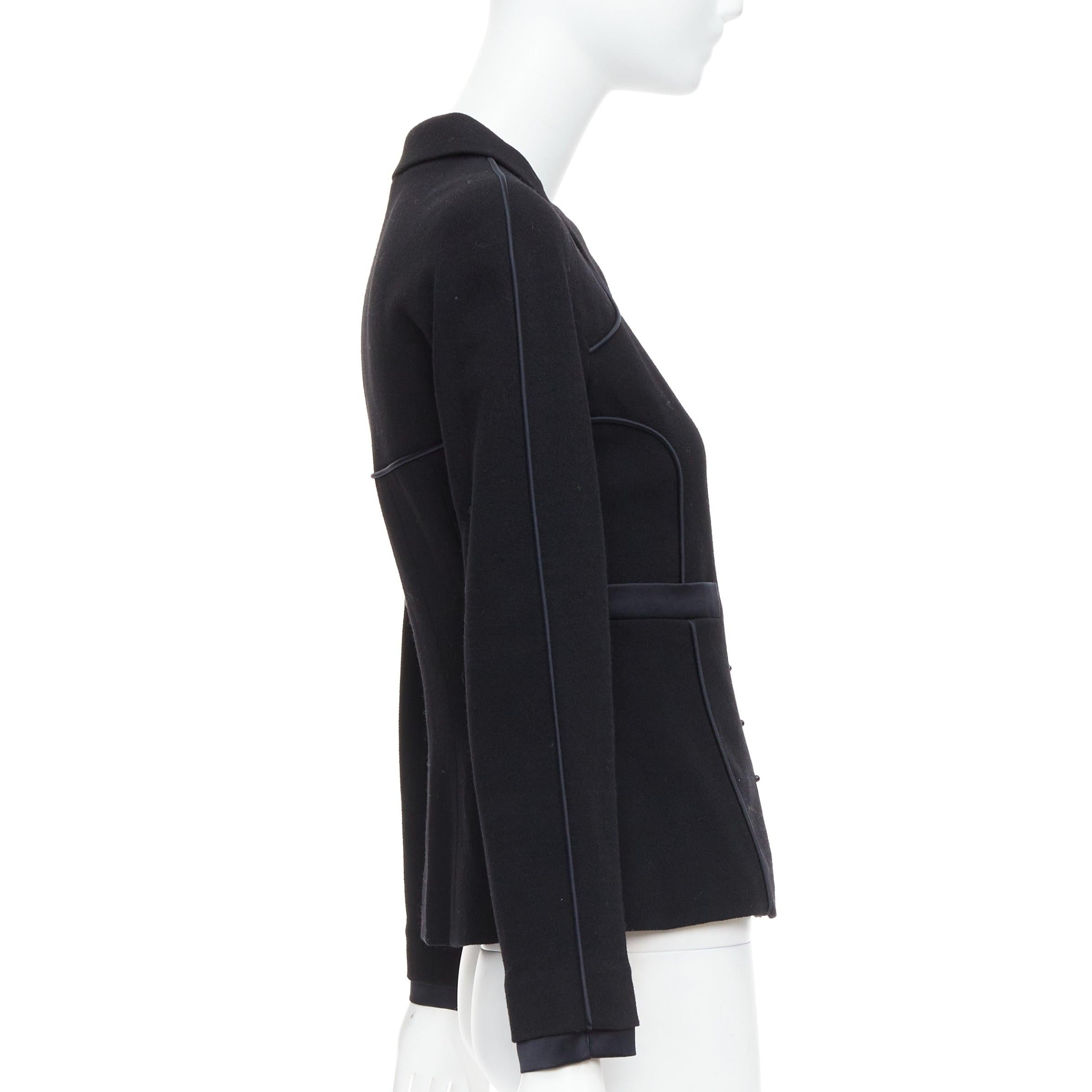Women's CHANEL 02A 100% wool black satin trim pearl stud buttons jacket FR36 S