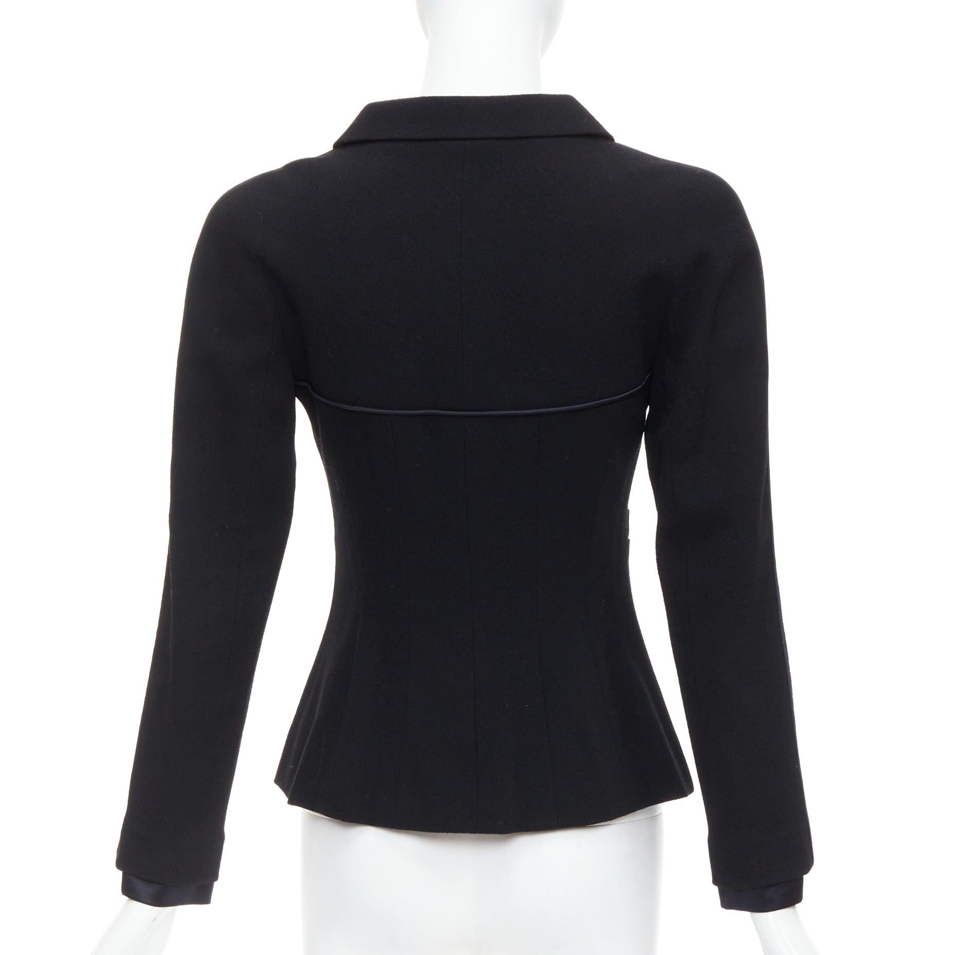 CHANEL 02A 100% wool black satin trim pearl stud buttons jacket FR36 S 1