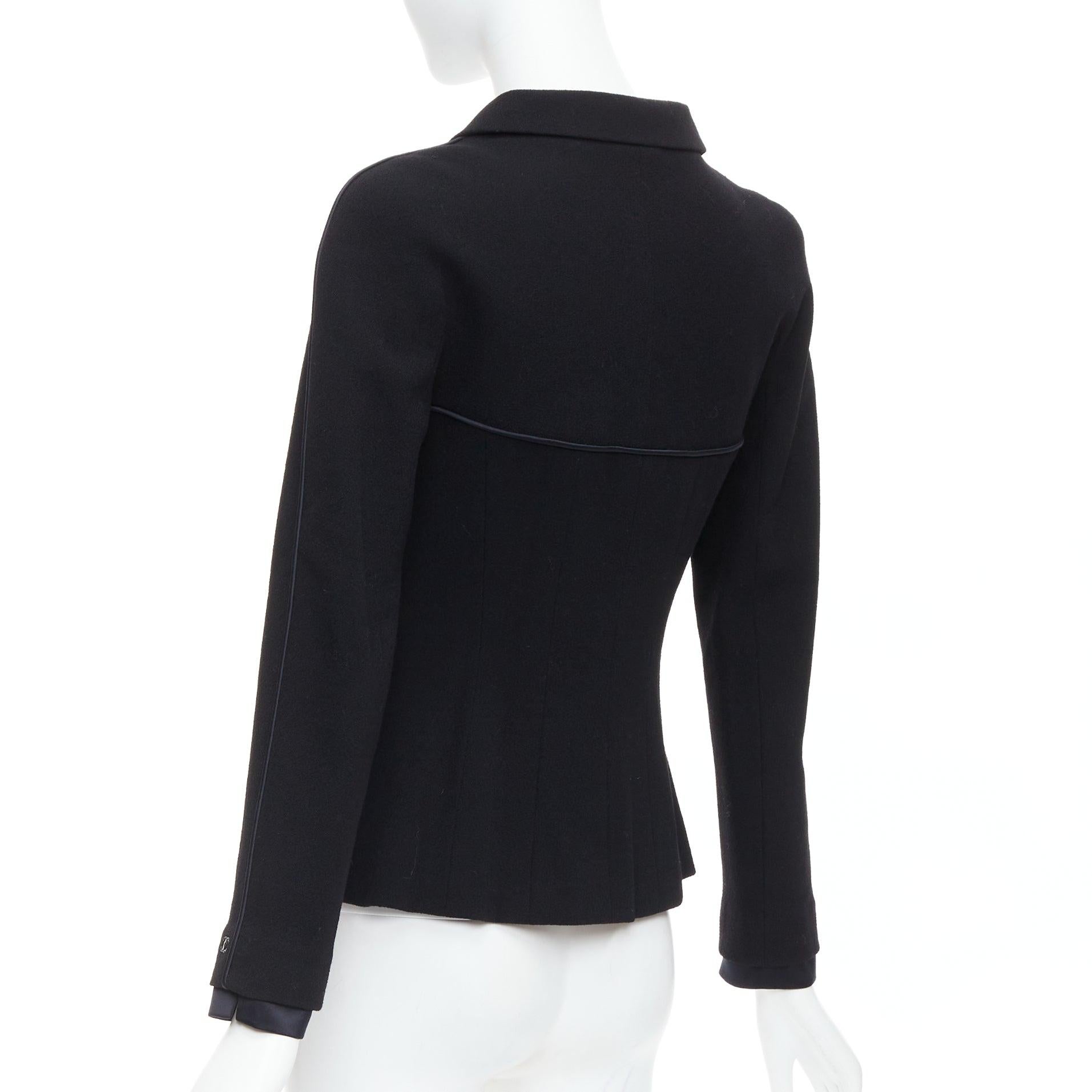 CHANEL 02A 100% wool black satin trim pearl stud buttons jacket FR36 S 2