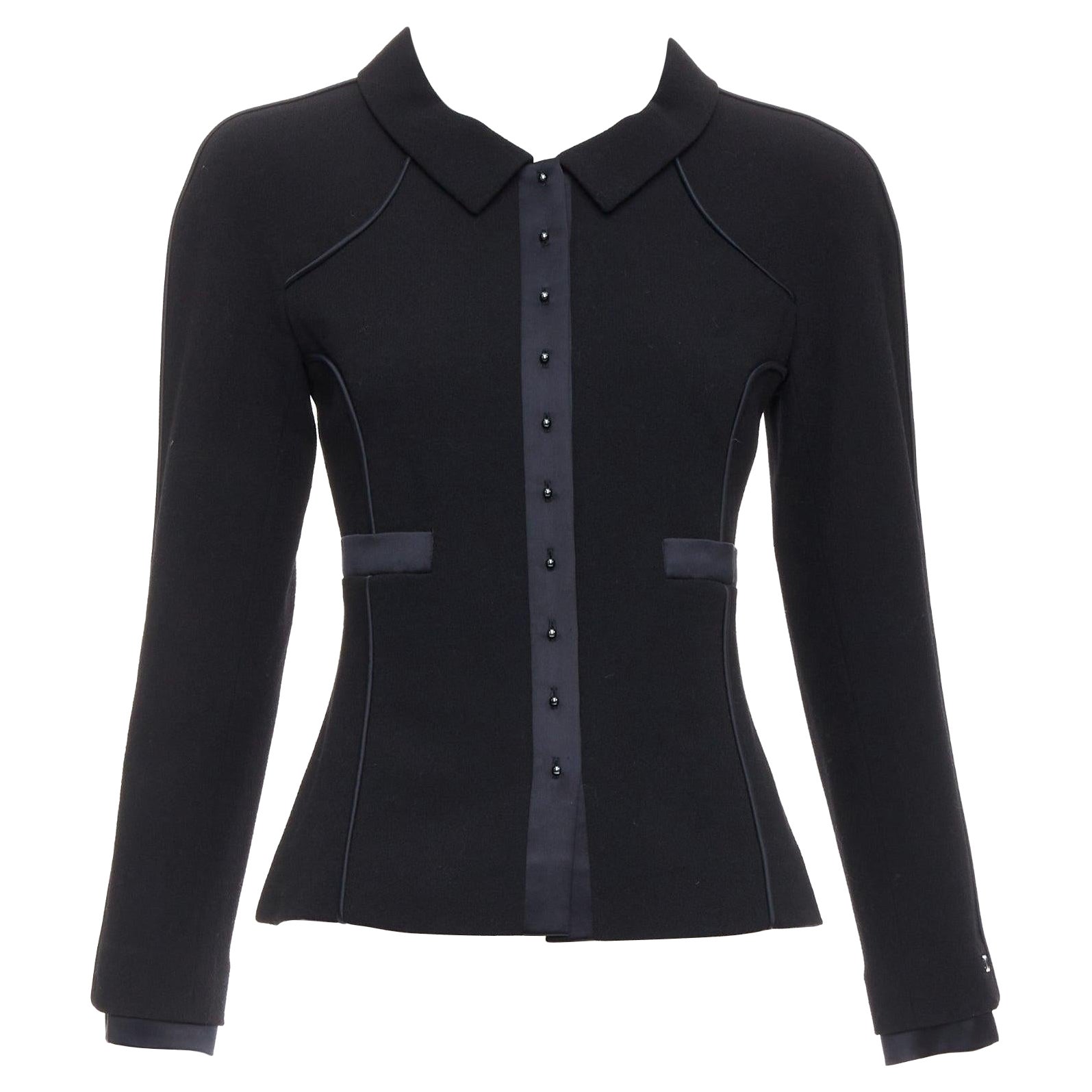 CHANEL 02A 100% wool black satin trim pearl stud buttons jacket FR36 S