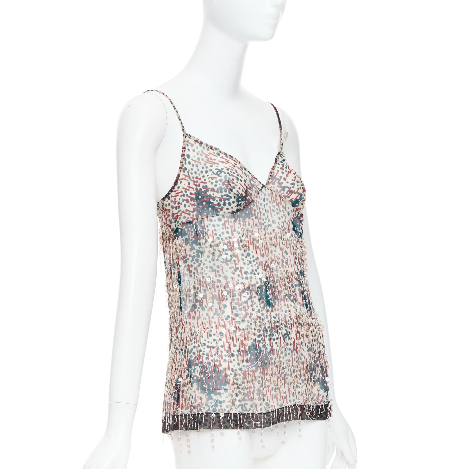 Gris CHANEL 02A camisole transparente à franges et appliques à sequins rouge beige FR38 M en vente