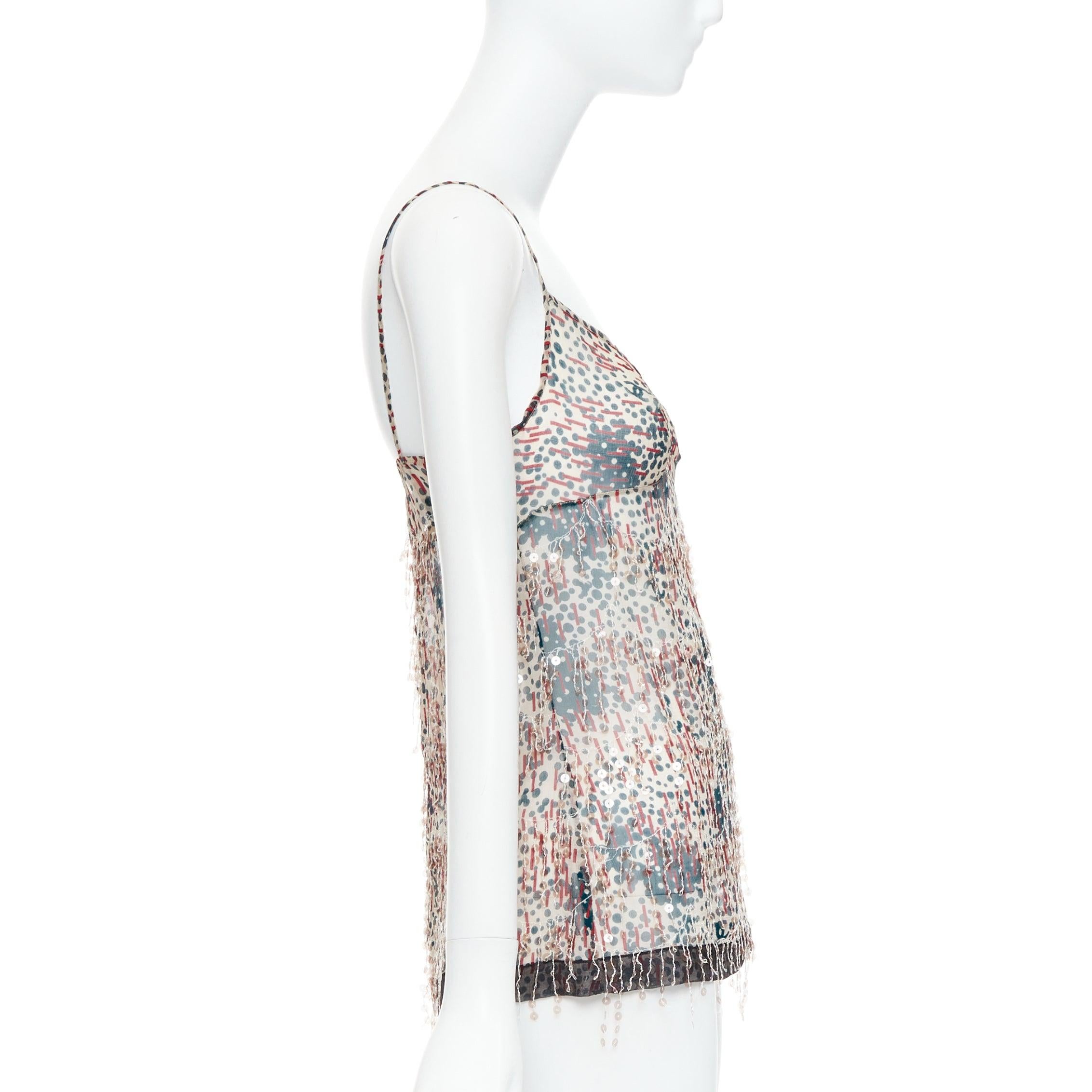 CHANEL 02A camisole transparente à franges et appliques à sequins rouge beige FR38 M Excellent état - En vente à Hong Kong, NT