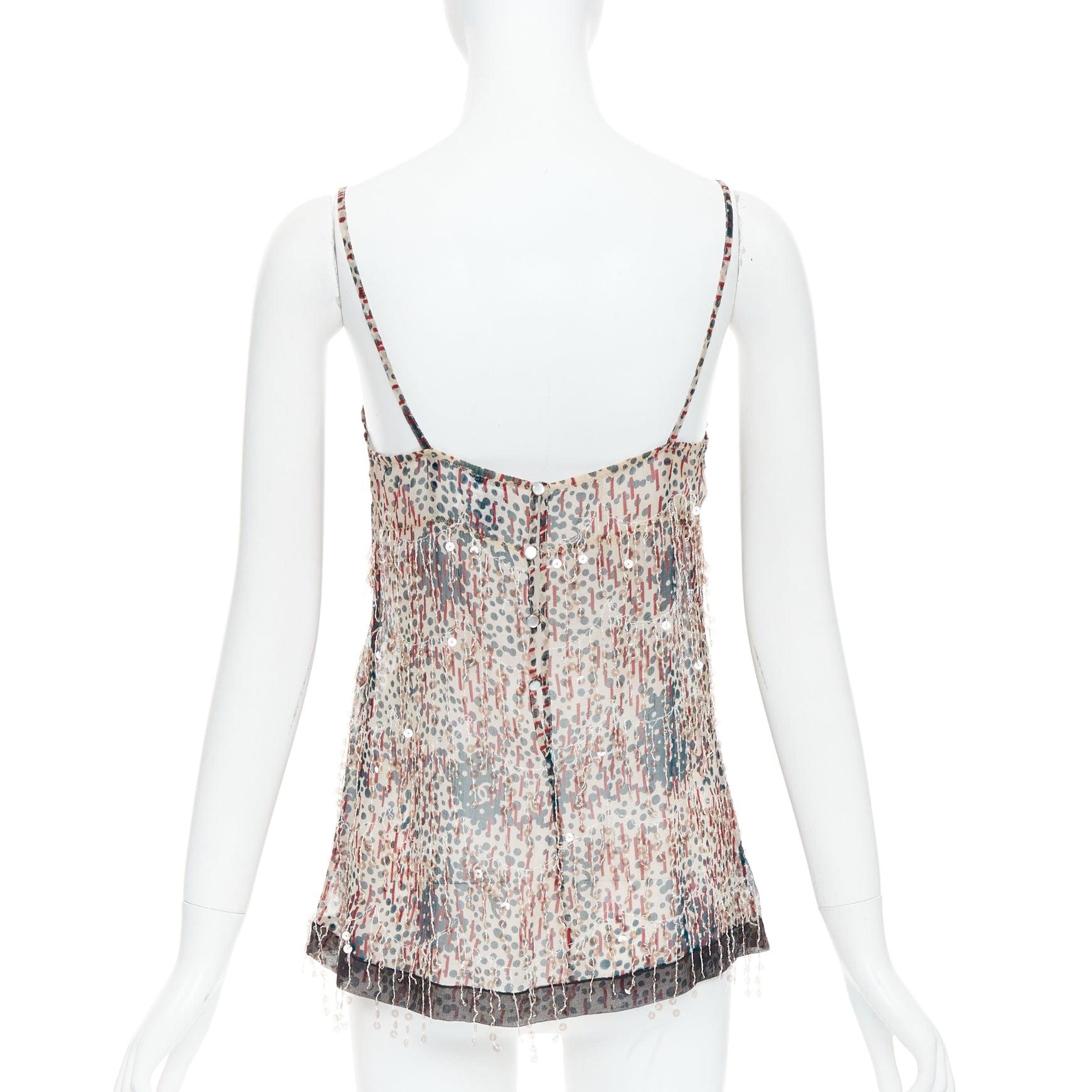 CHANEL 02A camisole transparente à franges et appliques à sequins rouge beige FR38 M Pour femmes en vente