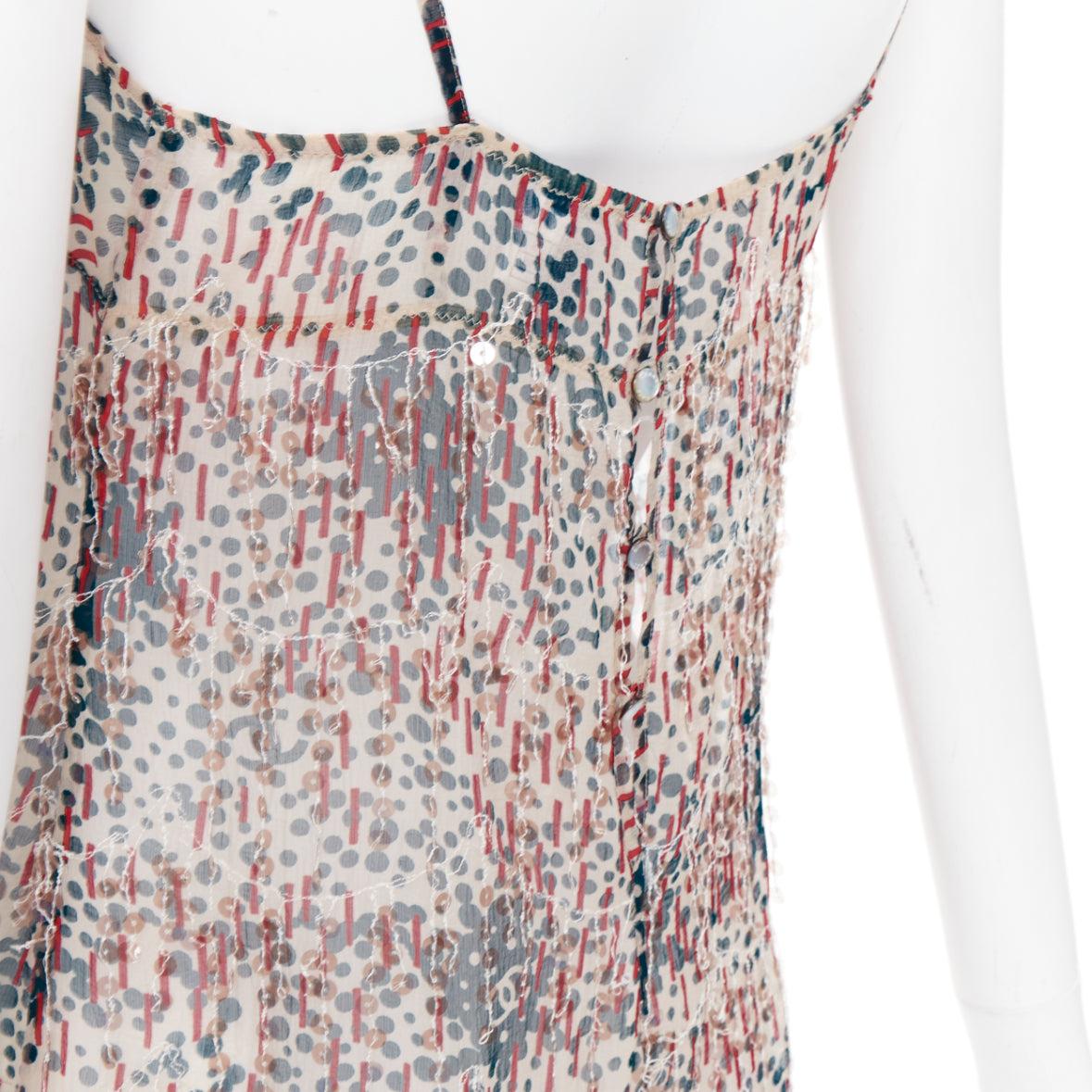 CHANEL 02A camisole transparente à franges et appliques à sequins rouge beige FR38 M en vente 2