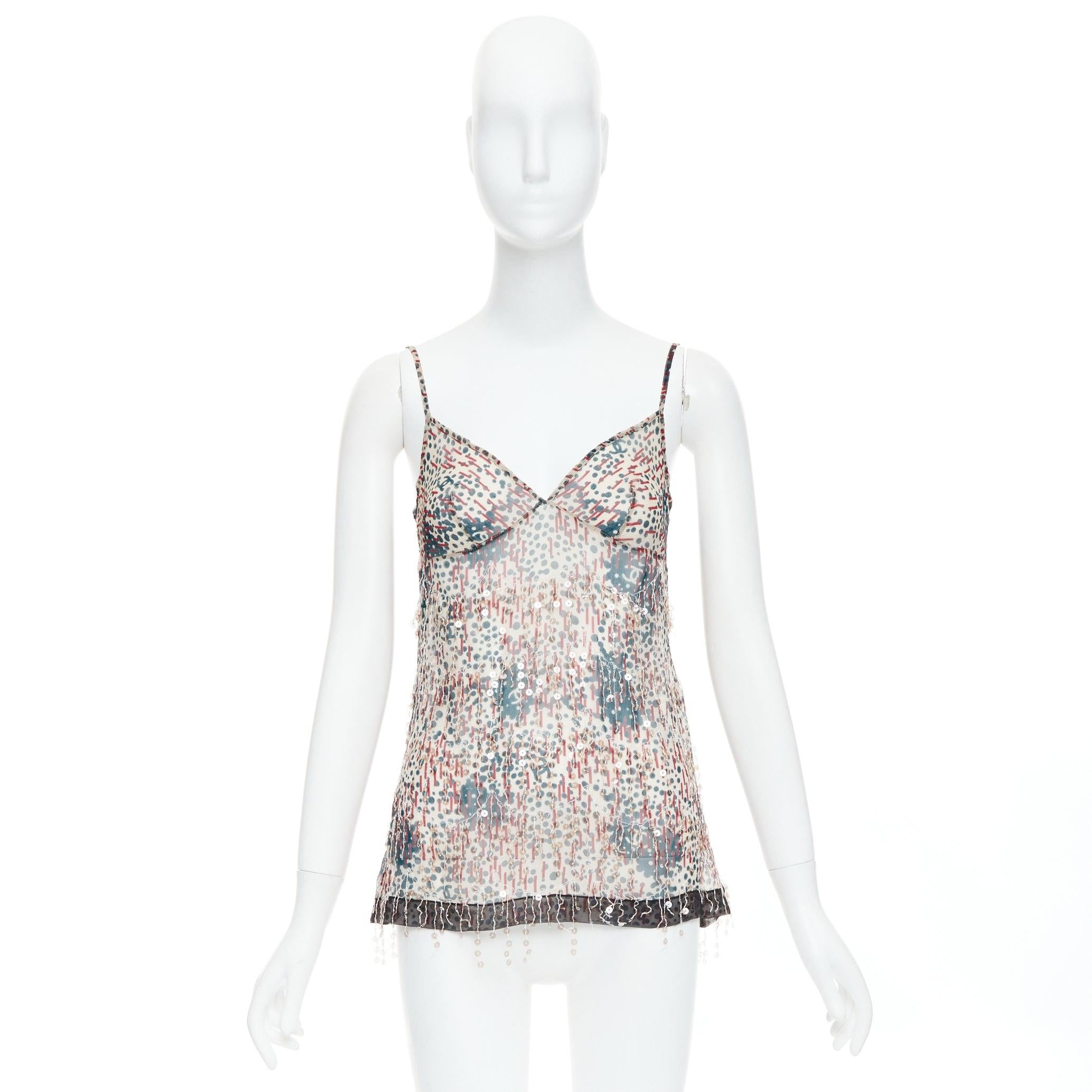CHANEL 02A camisole transparente à franges et appliques à sequins rouge beige FR38 M en vente 4