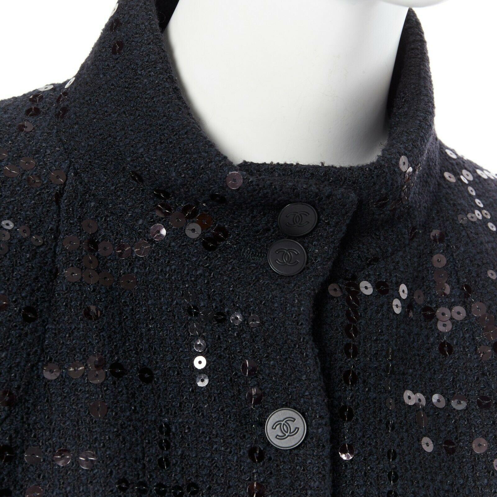 Women's CHANEL 02A LBJ black sequinned. tweed high-neck tonal CC button jacket FR42