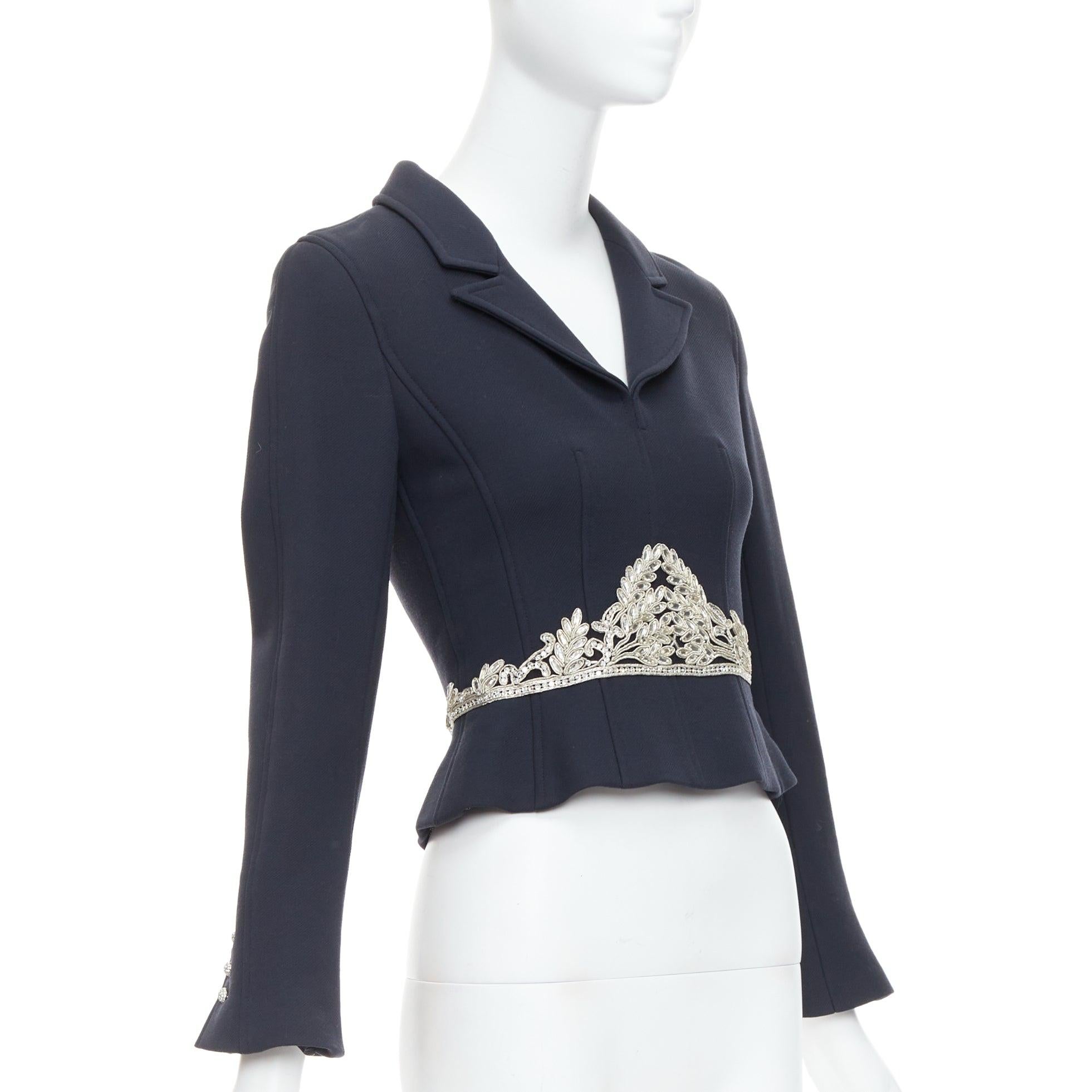 Black CHANEL 02A Runway black wool silver maharaja rhinestone cropped jacket FR36 S
