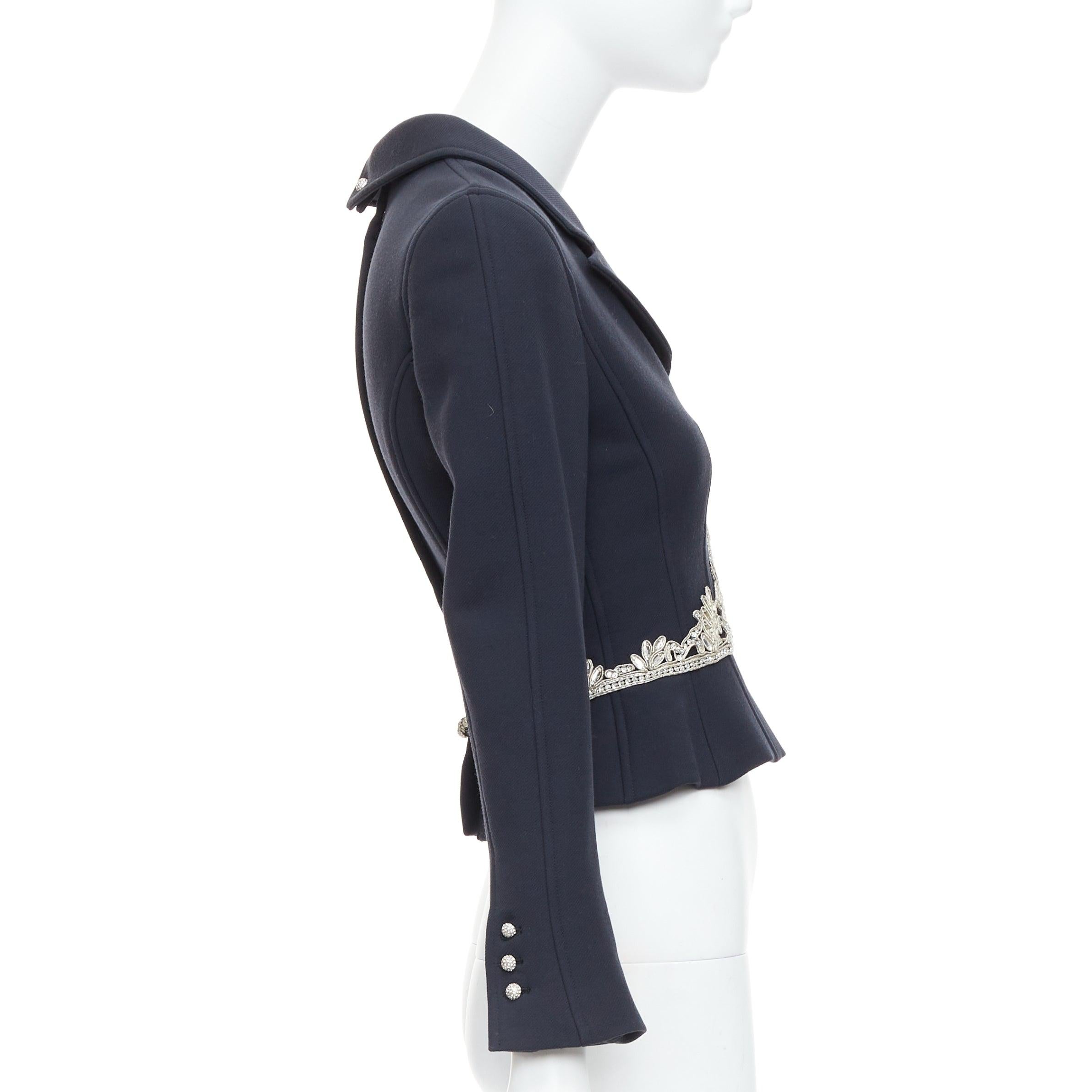 CHANEL 02A Runway black wool silver maharaja rhinestone cropped jacket FR36 S In Excellent Condition In Hong Kong, NT