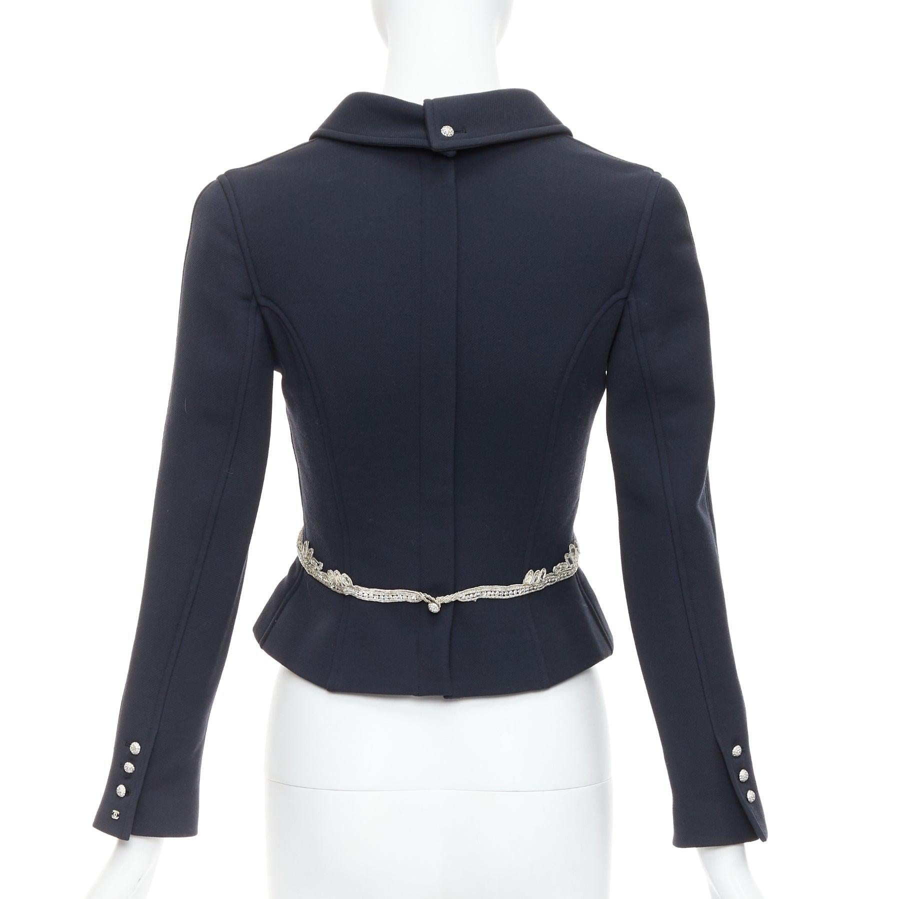 Women's CHANEL 02A Runway black wool silver maharaja rhinestone cropped jacket FR36 S