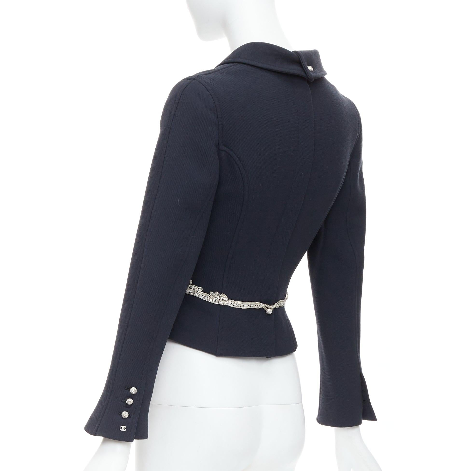CHANEL 02A Runway black wool silver maharaja rhinestone cropped jacket FR36 S 1