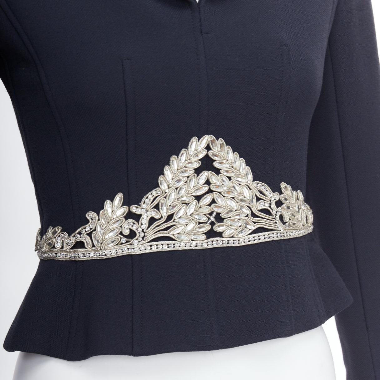 CHANEL 02A Runway black wool silver maharaja rhinestone cropped jacket FR36 S 3