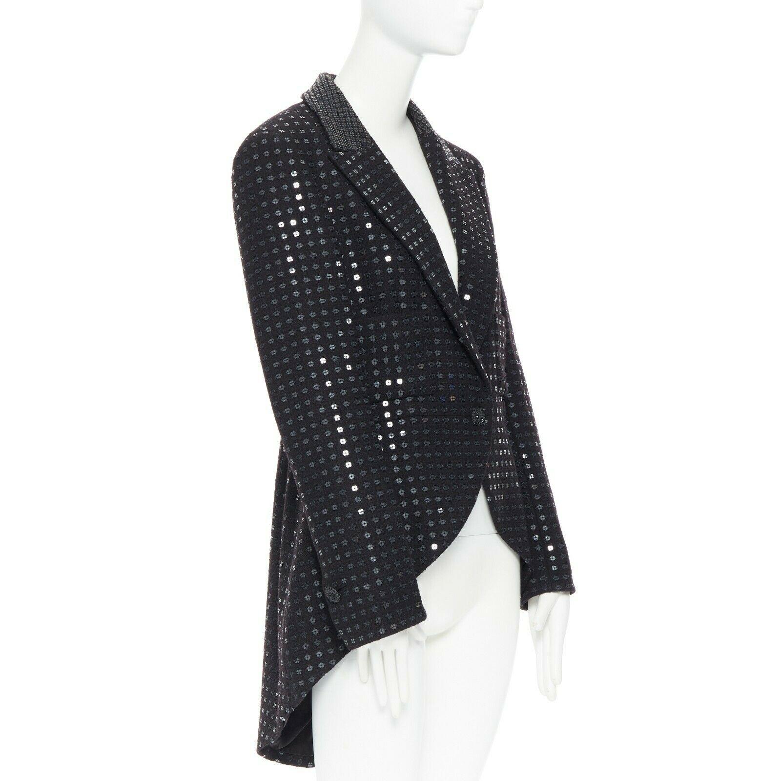 Black CHANEL 02C black sequinned tweed bejewel buttons swallowtail tuxedo jacket FR44
