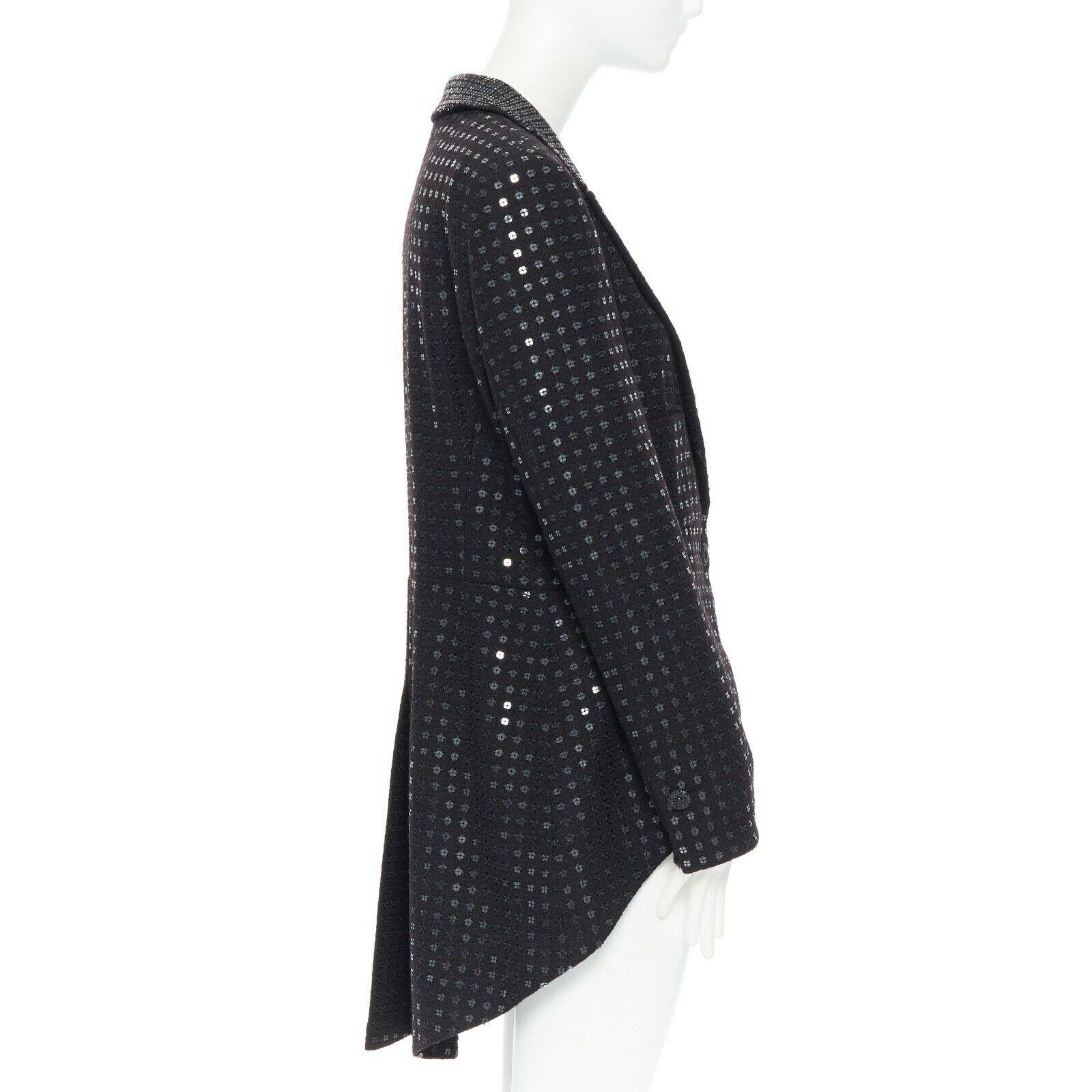 CHANEL 02C black sequinned tweed bejewel buttons swallowtail tuxedo jacket FR44 In Excellent Condition In Hong Kong, NT