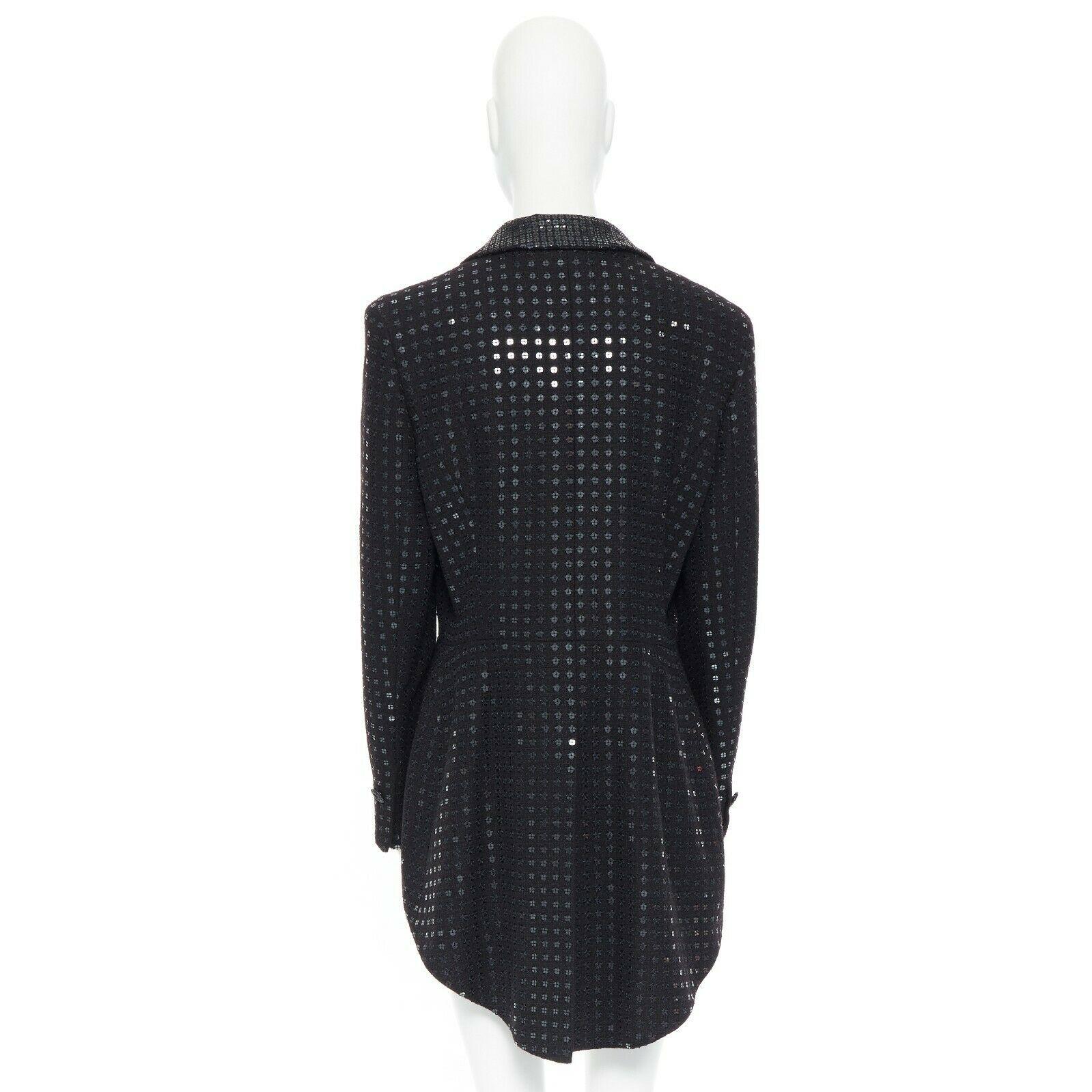Women's CHANEL 02C black sequinned tweed bejewel buttons swallowtail tuxedo jacket FR44