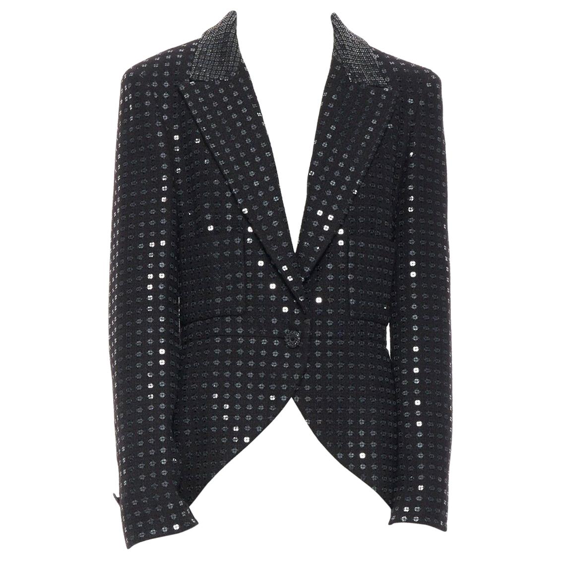 CHANEL 02C black sequinned tweed bejewel buttons swallowtail tuxedo jacket FR44