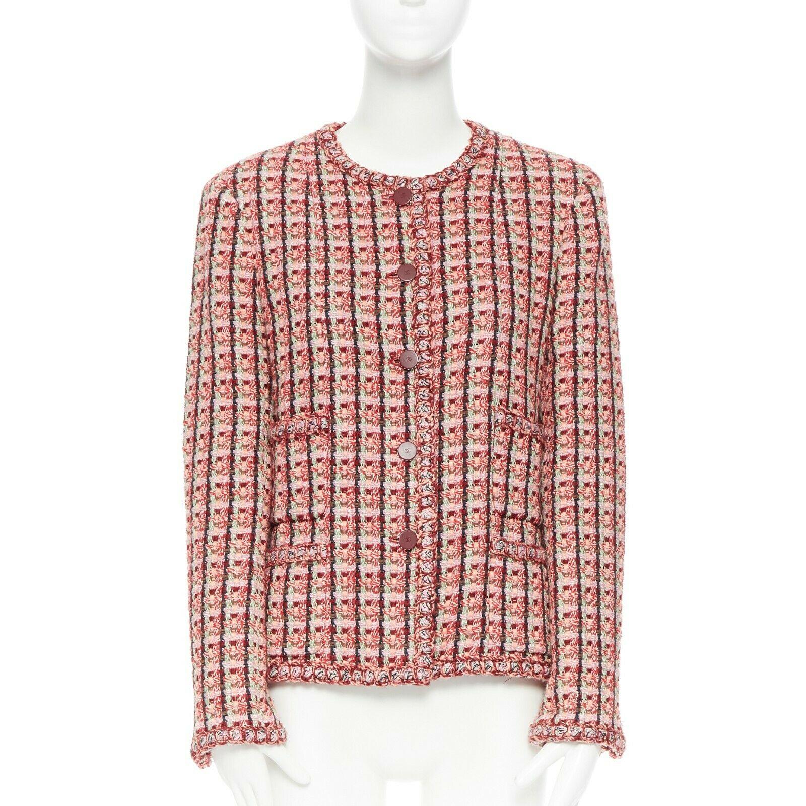 Brown CHANEL 02P vintage multicolour pink green red tweed check 4 pocket jacket FR44