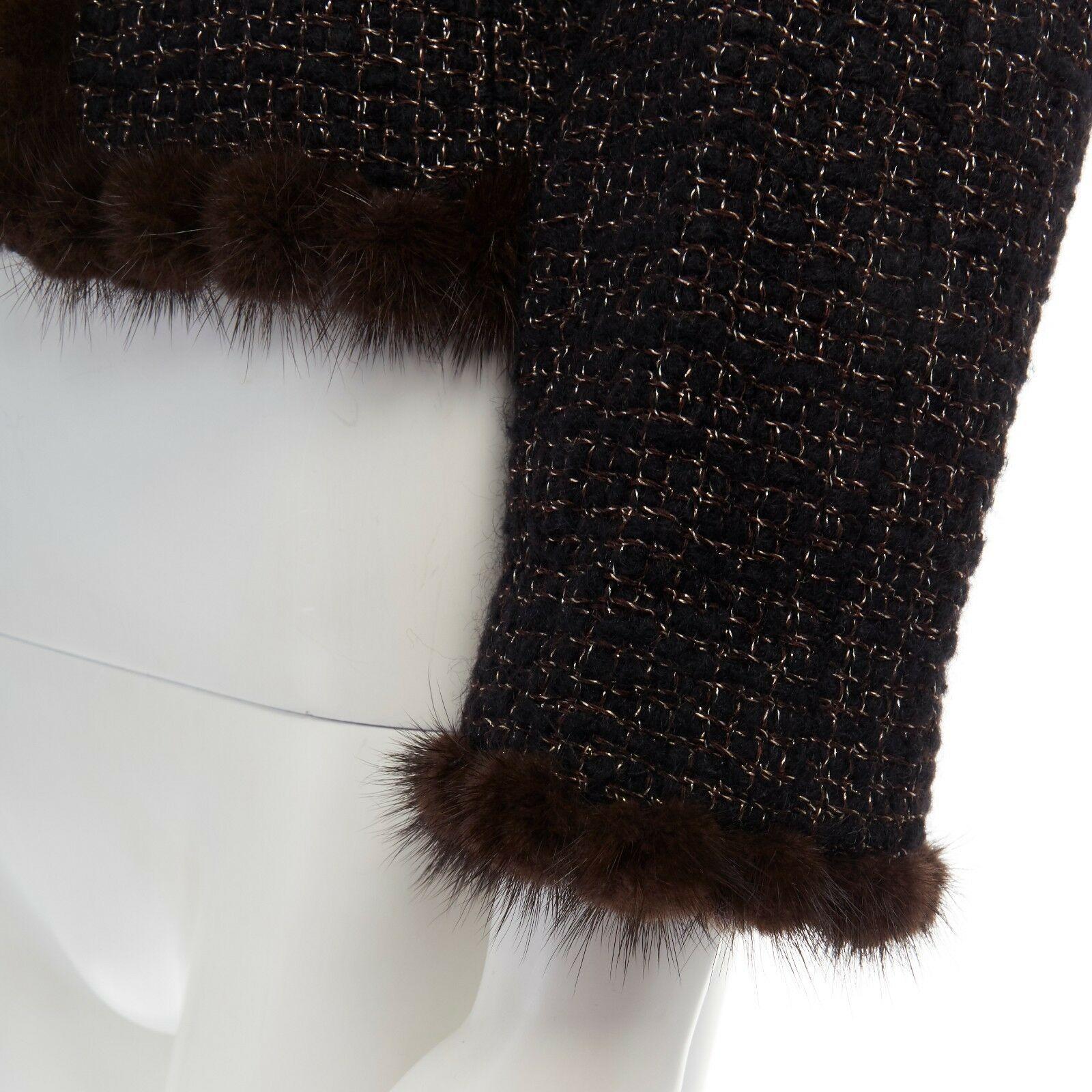 CHANEL 03A black gold thread wool tweed brown mink fur trimmed jacket FR38 M 3