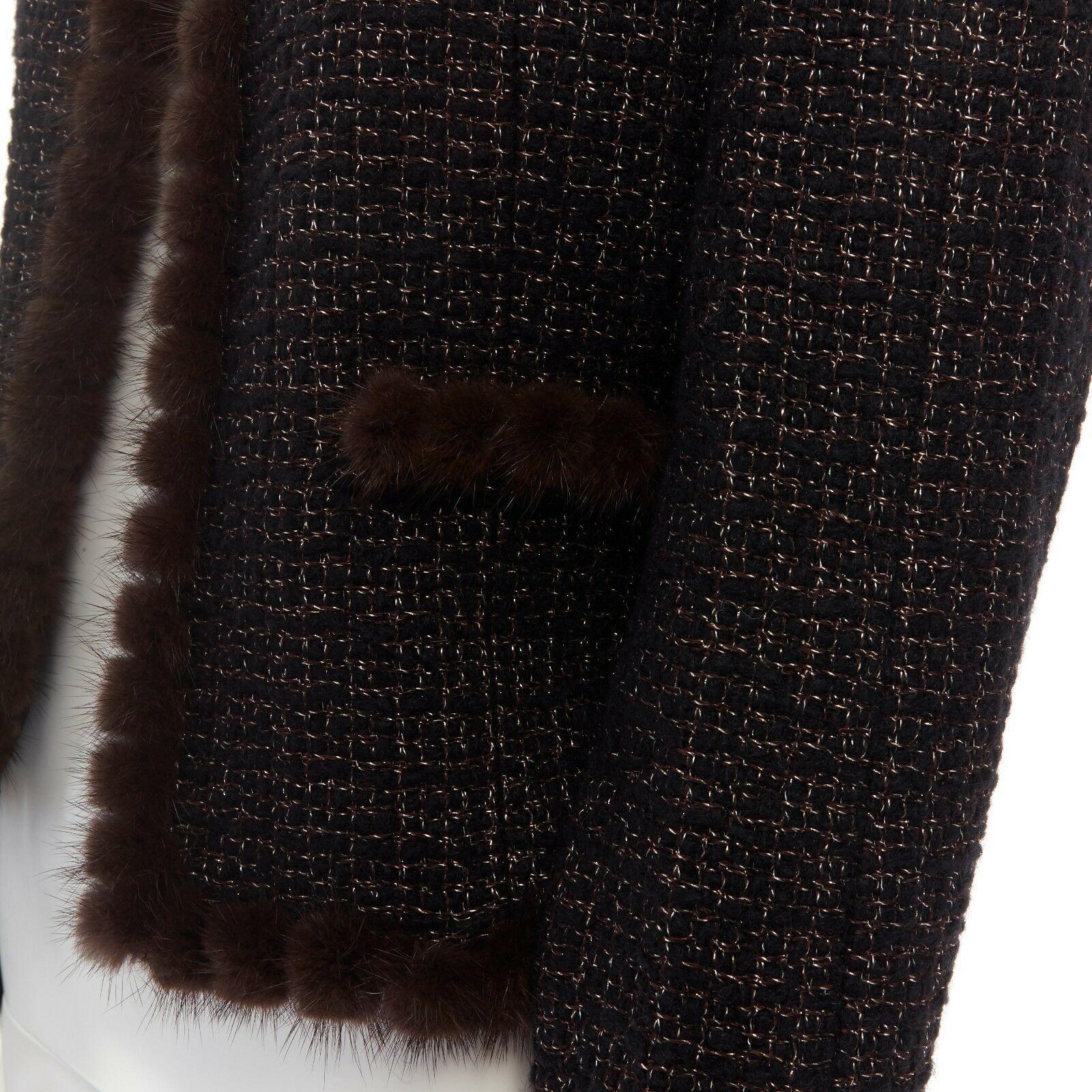 CHANEL 03A black gold thread wool tweed brown mink fur trimmed jacket FR38 M 4