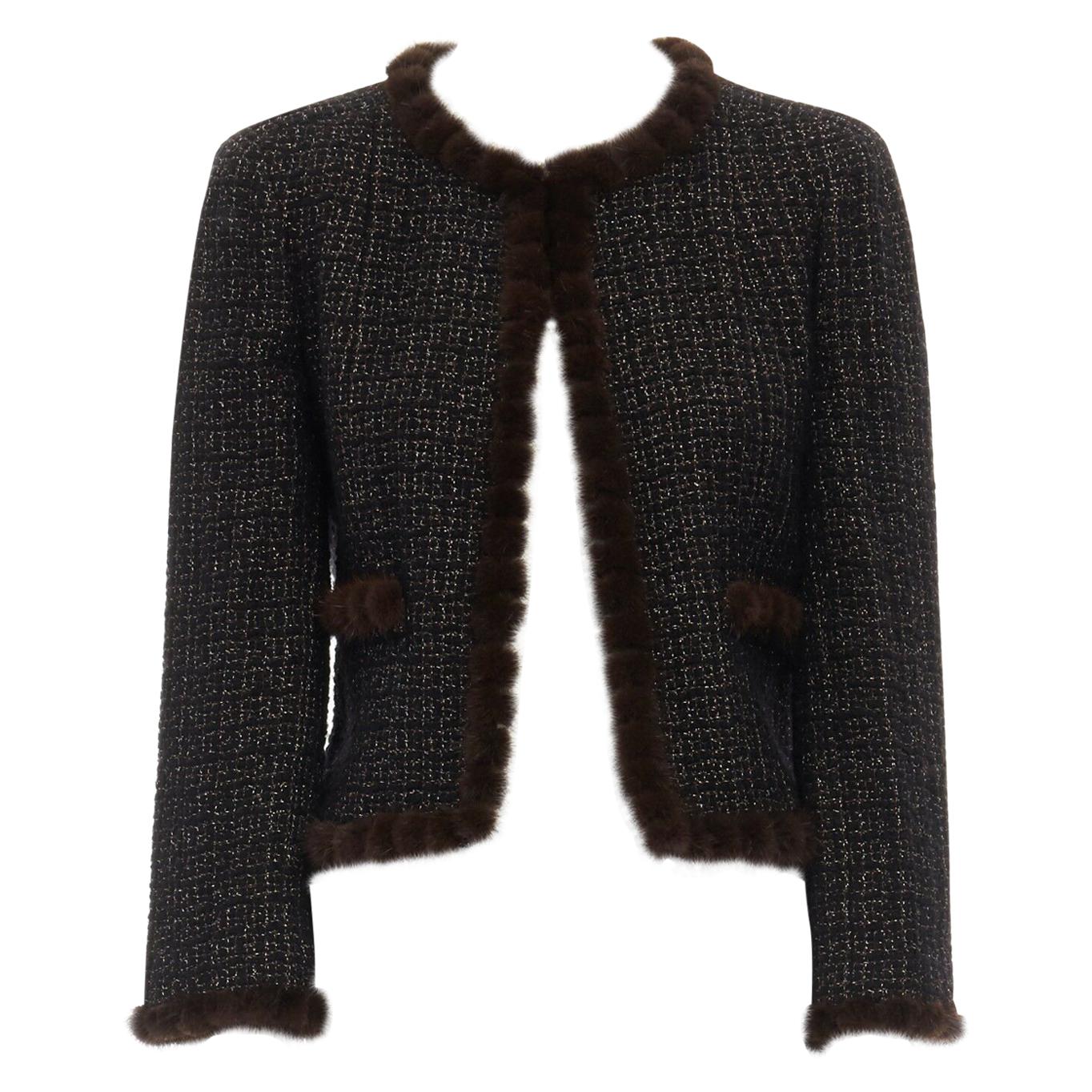 CHANEL 03A black gold thread wool tweed brown mink fur trimmed jacket FR38 M