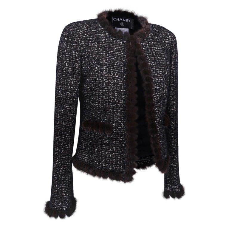 Chanel 03A Jacket Black Tweed Mink Trim Metallic Thread 40 / 6 at 1stDibs   chanel trim, whose creation is the iconic boxy suit in tweed with braid  trims, gold buttons, and