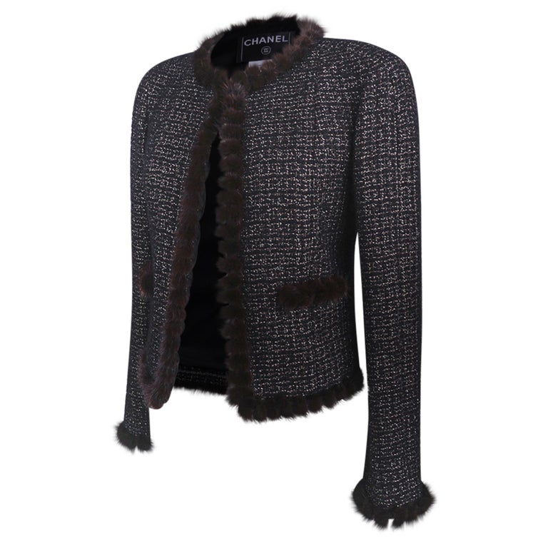 Chanel 03A Jacket Black Tweed Mink Trim Metallic Thread 40 / 6 at ...