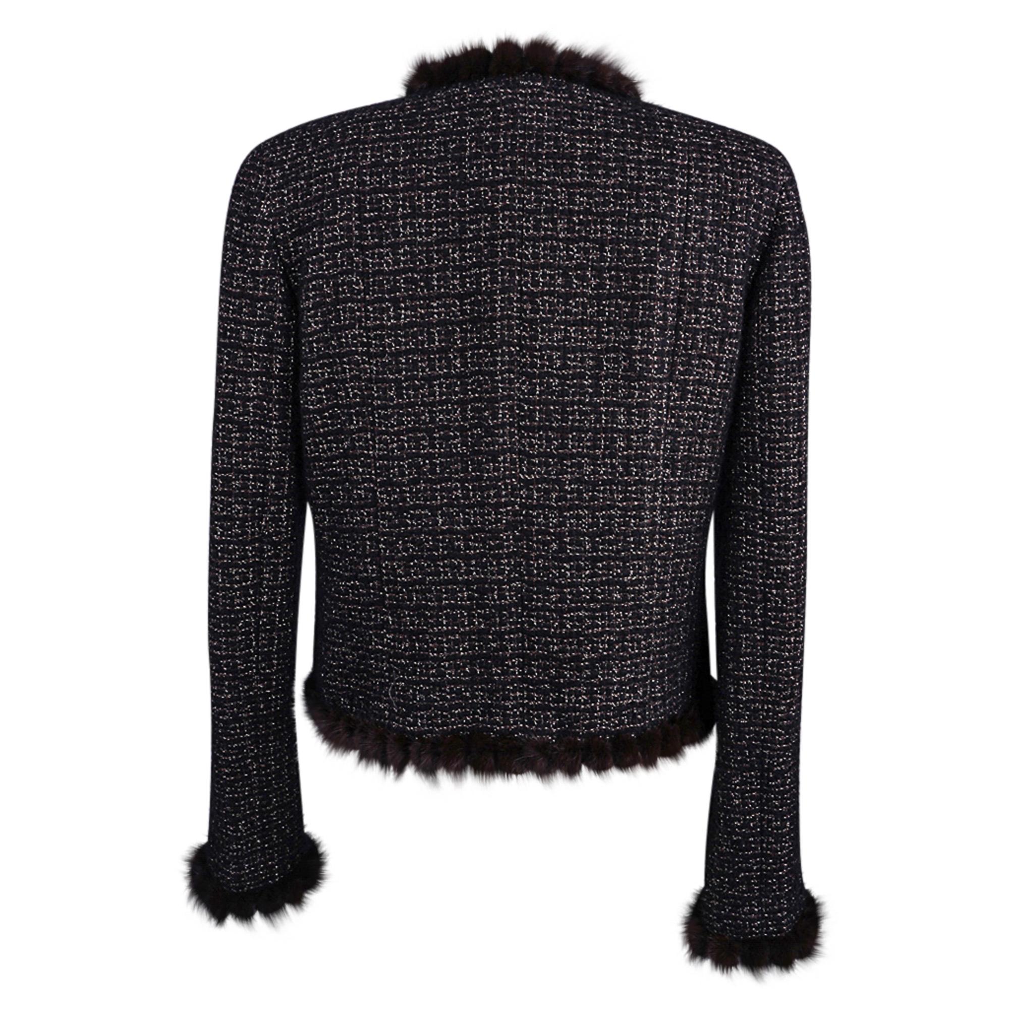 Women's Chanel 03A Jacket Black Tweed Mink Trim Metallic Thread 40 / 6