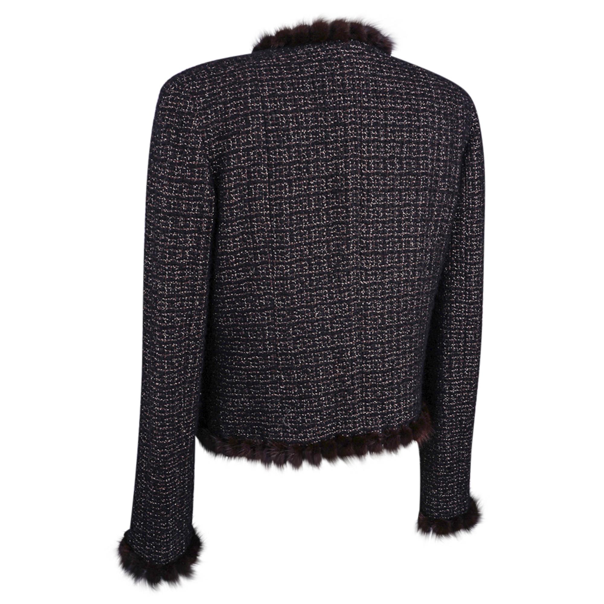 Chanel 03A Jacket Black Tweed Mink Trim Metallic Thread 40 / 6 1