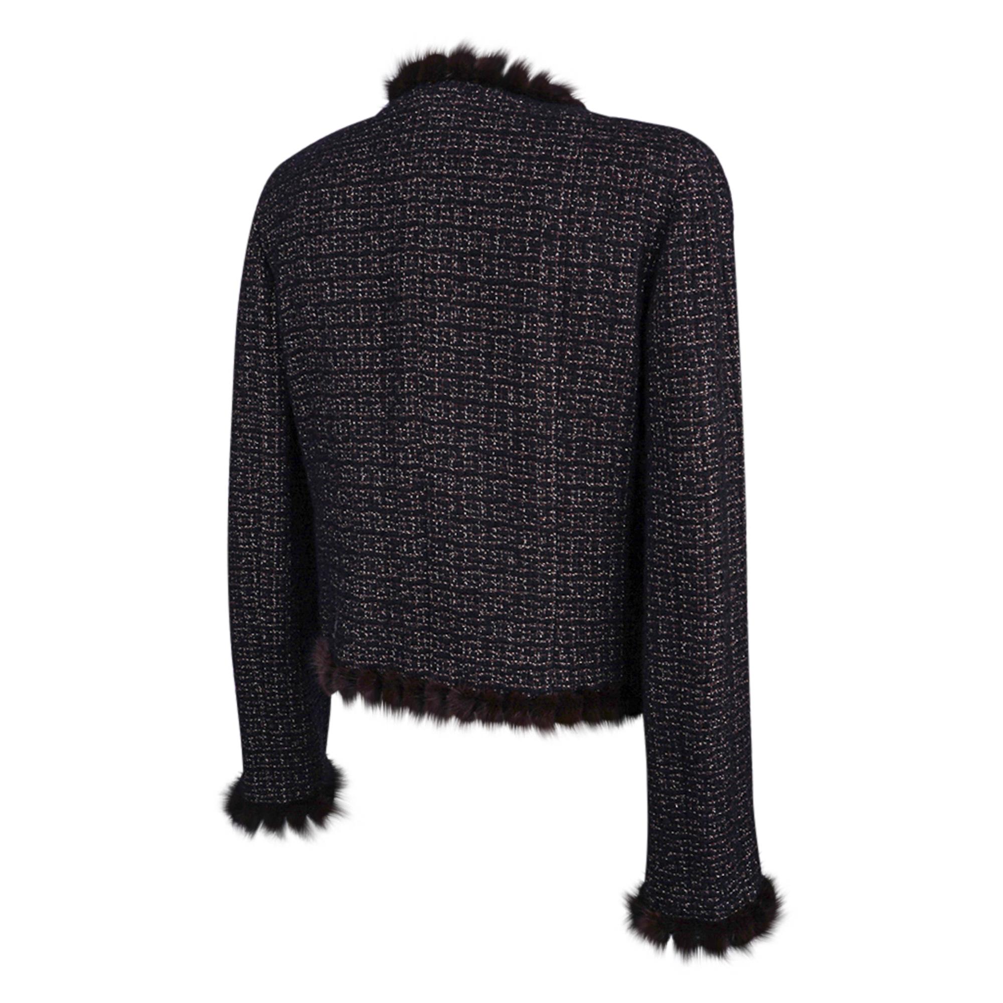 Chanel 03A Jacket Black Tweed Mink Trim Metallic Thread 40 / 6 2