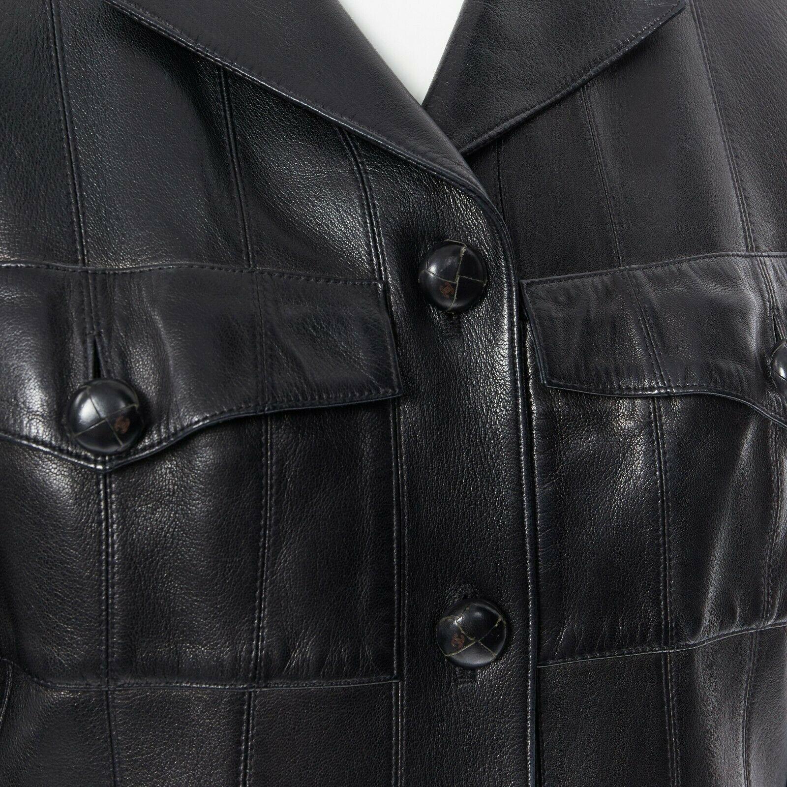 CHANEL 03A LBJ black 4 flap pocket panel constructed leather jacket FR40
Brand: CHANEL
Designer: Karl Lagerfeld
Collection: 03A
Model Name / Style: Leather jacket
Material: Leather
Color: Black
Pattern: Solid
Closure: Button
Lining material: