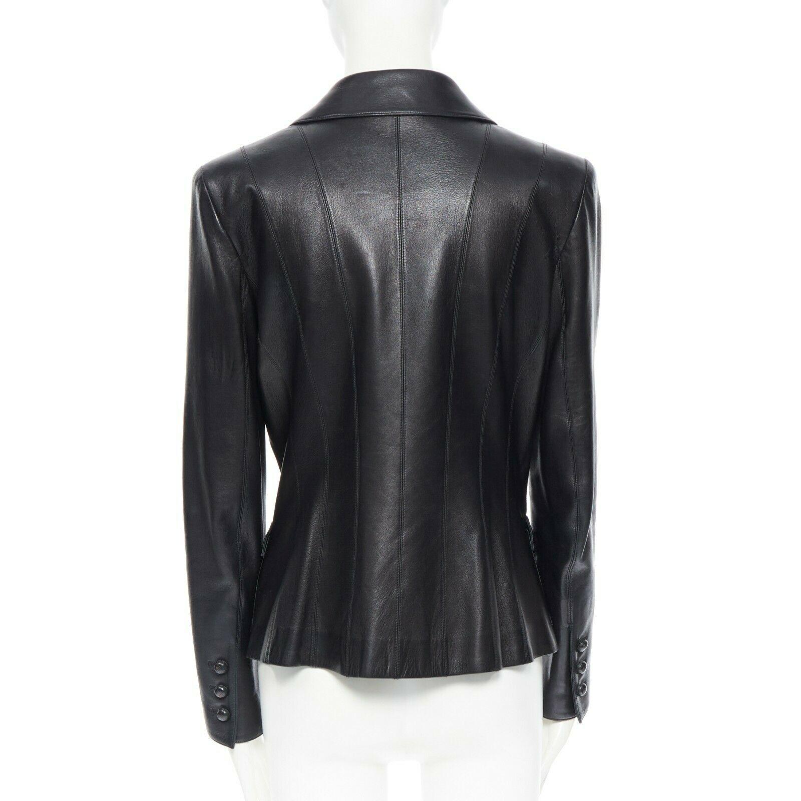 Black CHANEL 03A LBJ black 4 flap pocket panel constructed leather jacket FR40