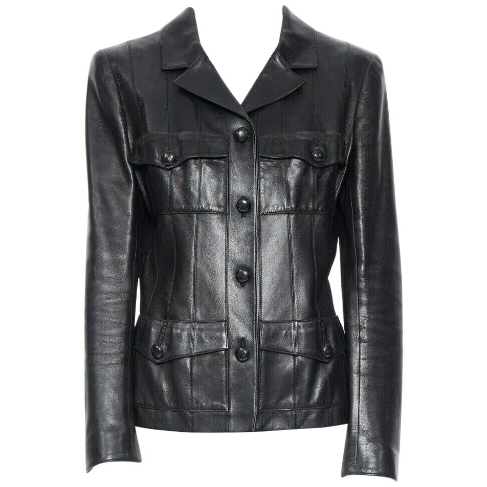 CHANEL 03A LBJ black 4 flap pocket panel constructed leather jacket FR40
