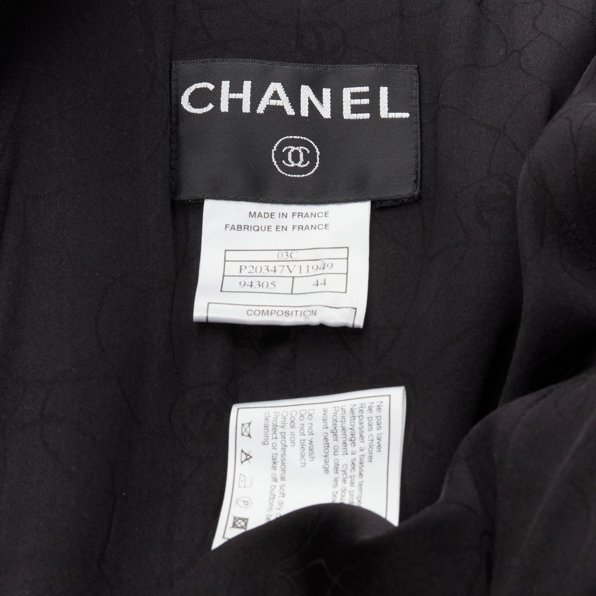 CHANEL 03C black iridscent Camellia motif stand collar boucle tweed jacket FR44  4