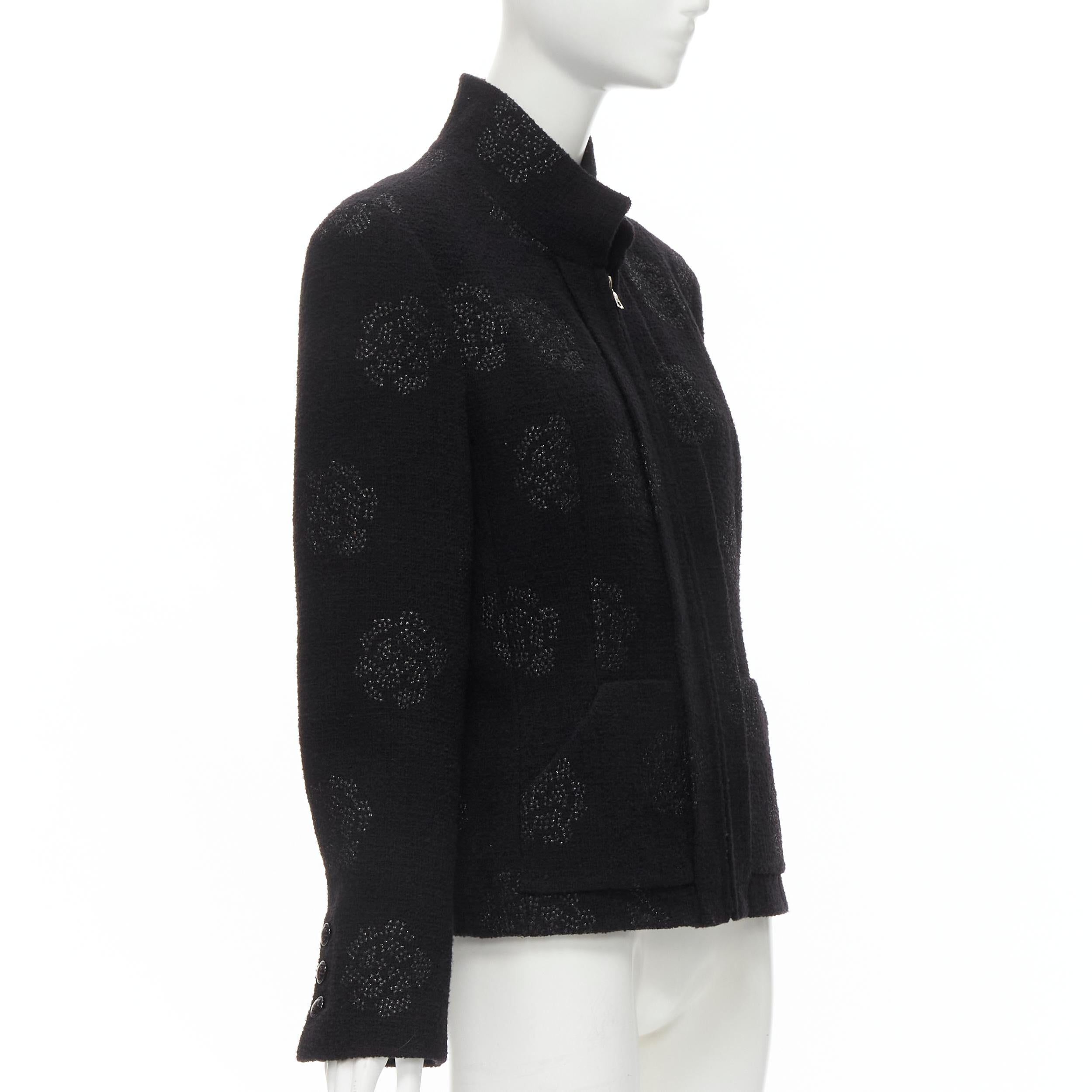 Black CHANEL 03C black iridscent Camellia motif stand collar boucle tweed jacket FR44 